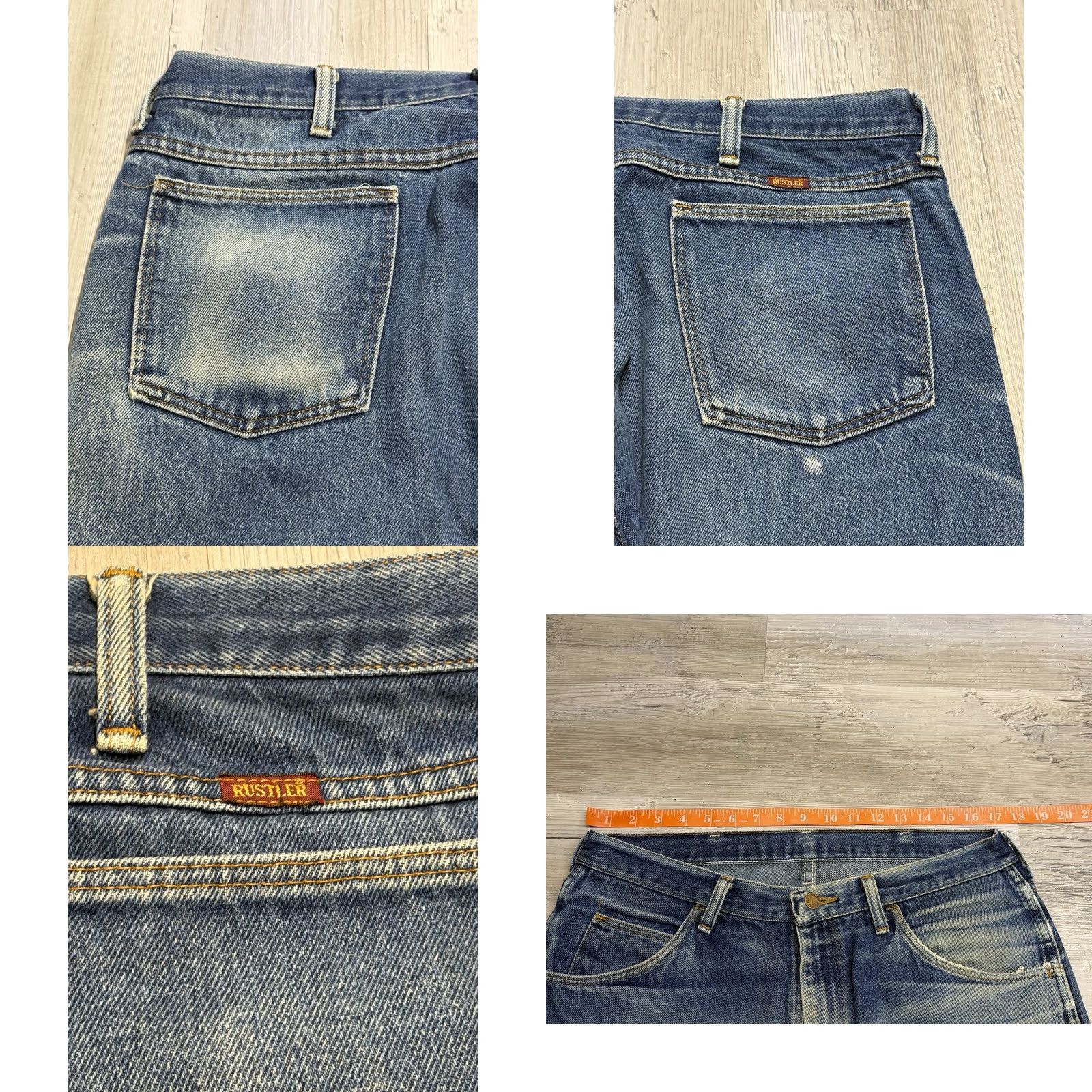 Denime Vintage Rustler Jeans Mens 34x33 Blue Denim 5-Pocket Zipper Button Straight Regular Casual USA 80s 90s Cowboy Mens Size US 34 / EU 50 - 9 Thumbnail