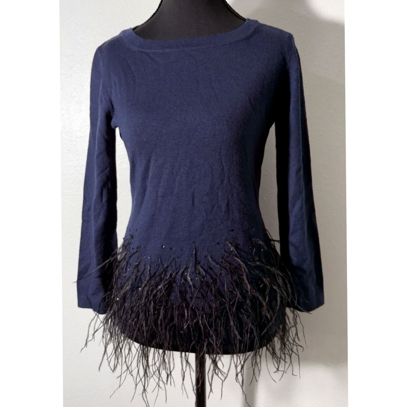 Carolina Herrera CAROLINA HERRERA NEW YORK Blue Virgin Wool Feather Trim Sweater S Womens Size S / US 4 / IT 40 - 2 Thumbnail
