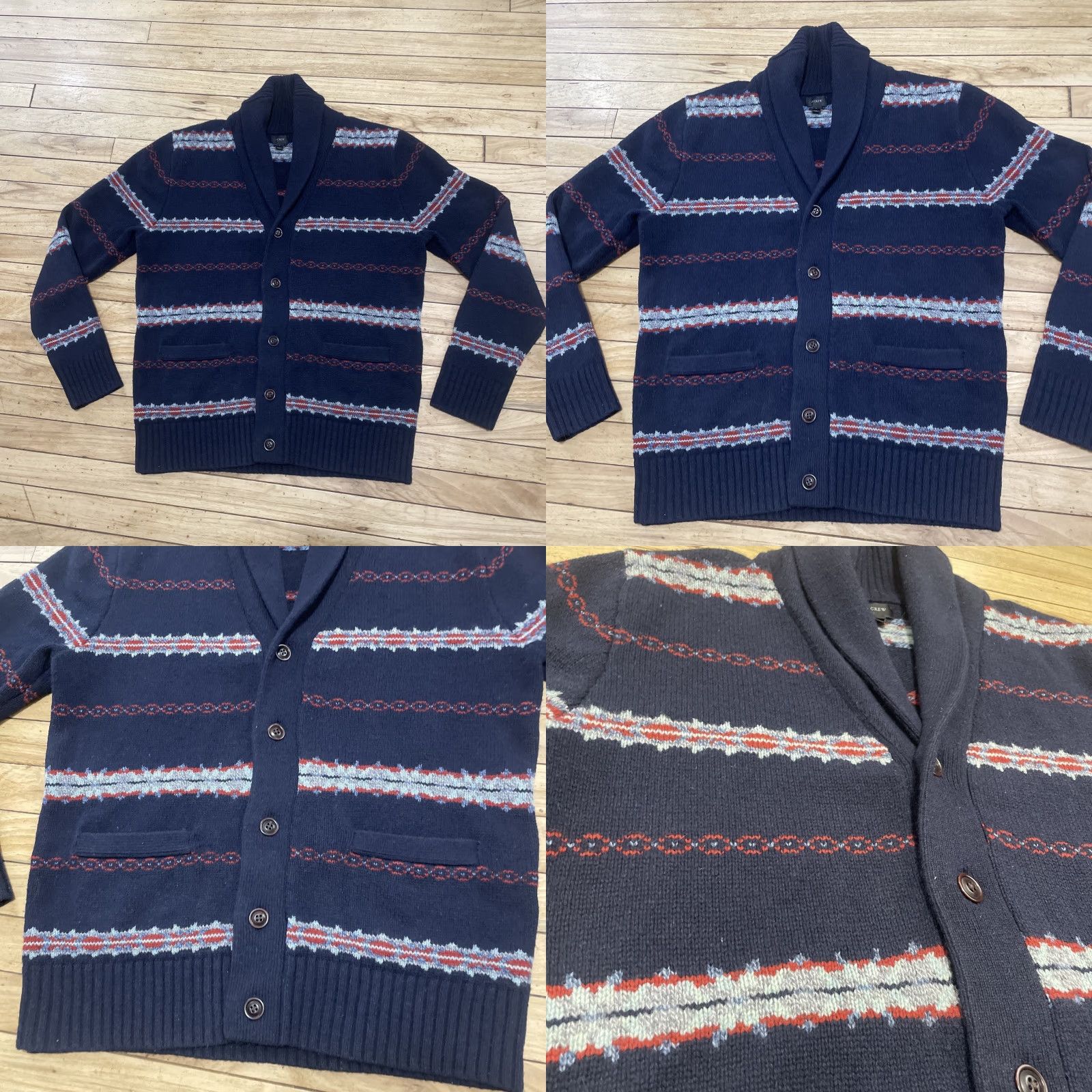 J.Crew J.CREW Shawl Cardigan 100% Lambs Wool Heavy Sweater Blue Red Mens L Fairisle Wool Cardigan Size US L / EU 52-54 / 3 - 9 Thumbnail