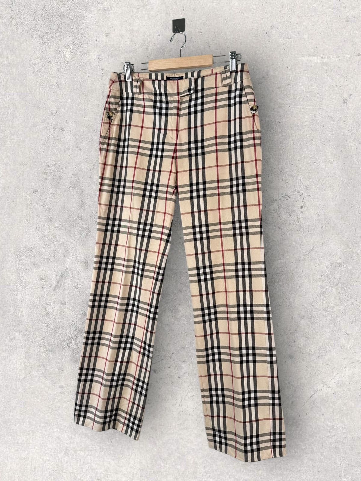 image of Y2K Burberry London Womens Check Nova Trousers Pants in Beige Check (Size 28)