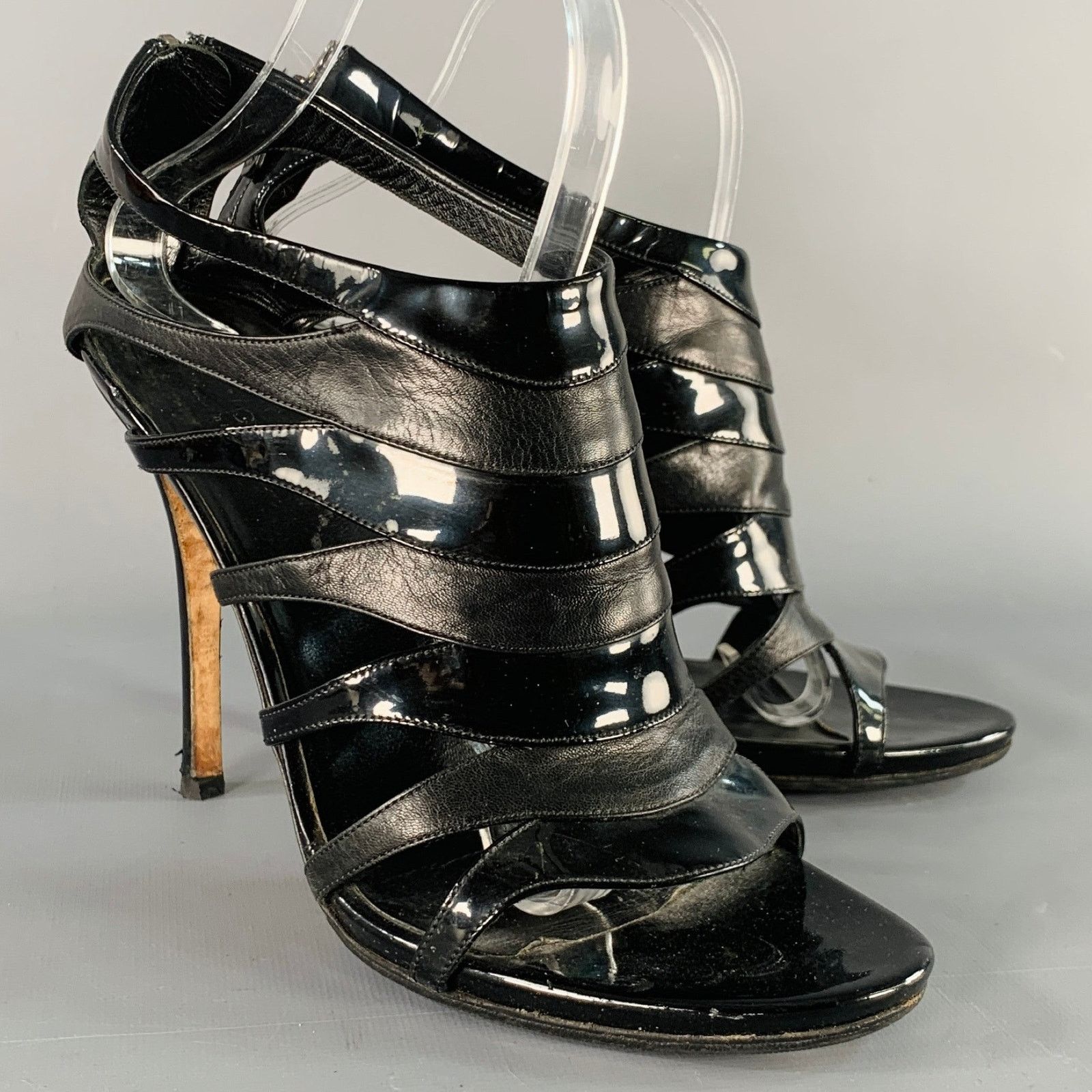 Gucci Black Leather Patent Leather Back Zipper Cage Sandals Size US 9.5 / IT 39.5 - 1 Thumbnail