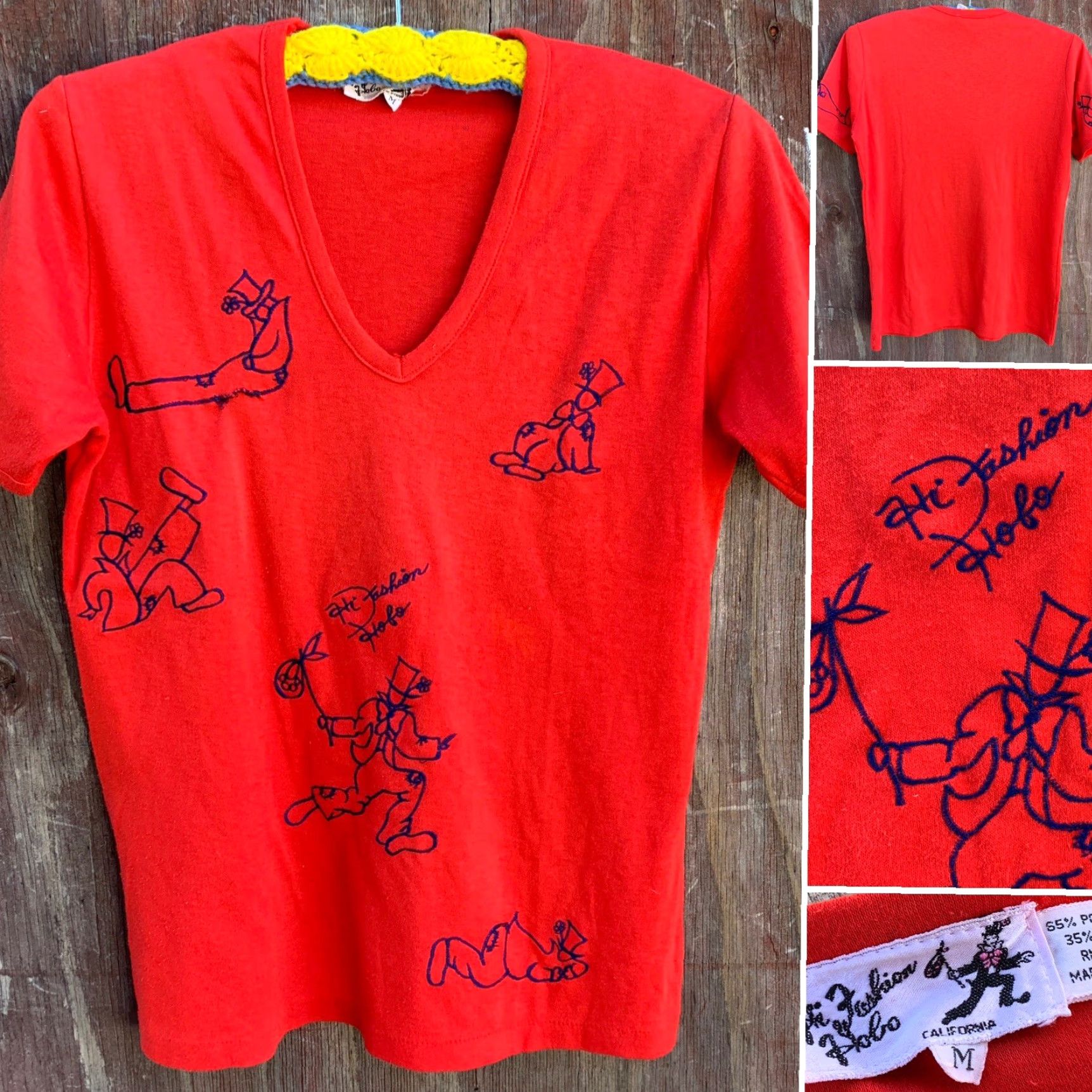 Vintage VINTAGE Hi Fashion Hobo California V Neck Tee Ladies M Red Embroidered 60s 70s 80s Shirt Mens Womens Size M / US 6-8 / IT 42-44 - 4 Thumbnail