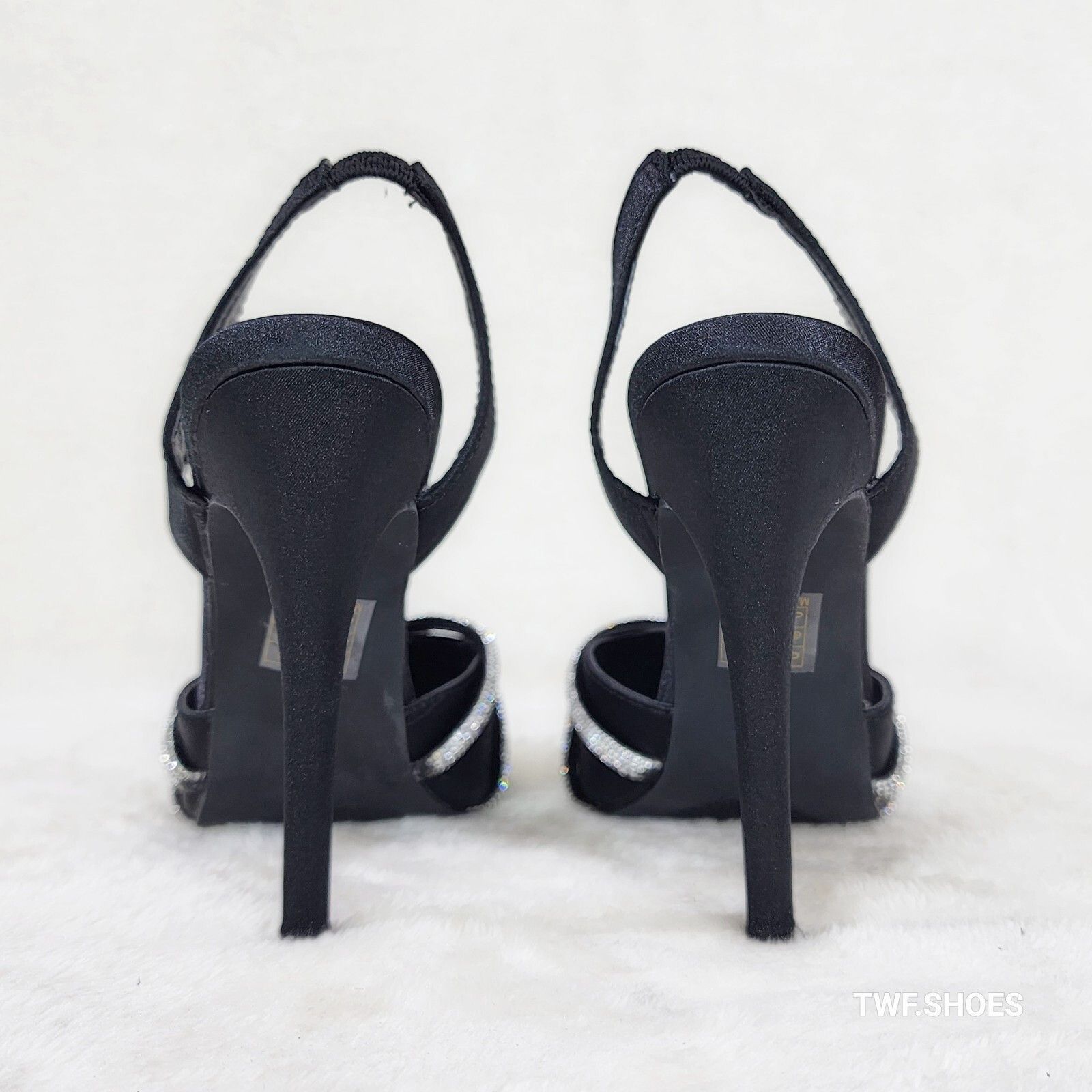 Other Elegance Slip on Slingback Black Satin Rhinestone Pointy Toe Size US 8.5 / IT 38.5 - 8 Thumbnail