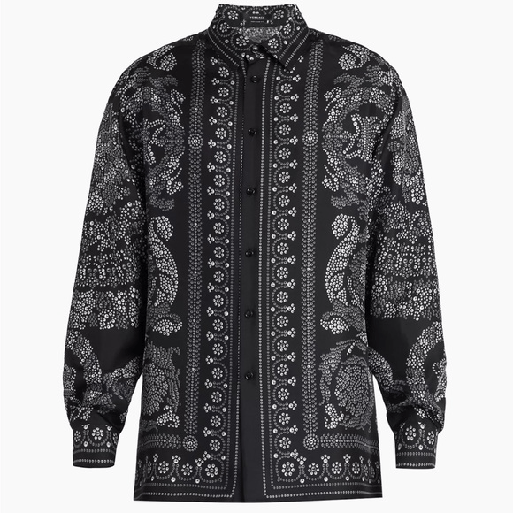 image of Versace Boroque Informal Printed Silk Shirt Black Silver, Men's (Size Small)