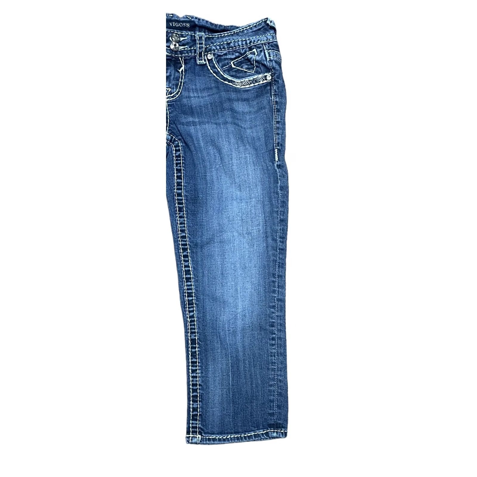 Vintage VIGOSS Jeans Capri Blue Studded Rhinestone Buttons Embroidered 3-4 28 Inseam 21in 5-Pocket Womens Capris Size 28" / US 6 / IT 42 - 3 Thumbnail