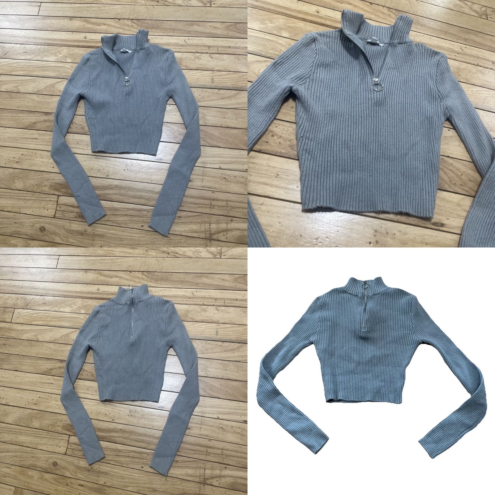 Vintage Love Tree Crop Knit Top Women S Mock Neck Long Sleeve Ribbed Gray 1/4 Zip Shirt Pullover S Gray Womens Size S / US 4 / IT 40 - 10 Thumbnail