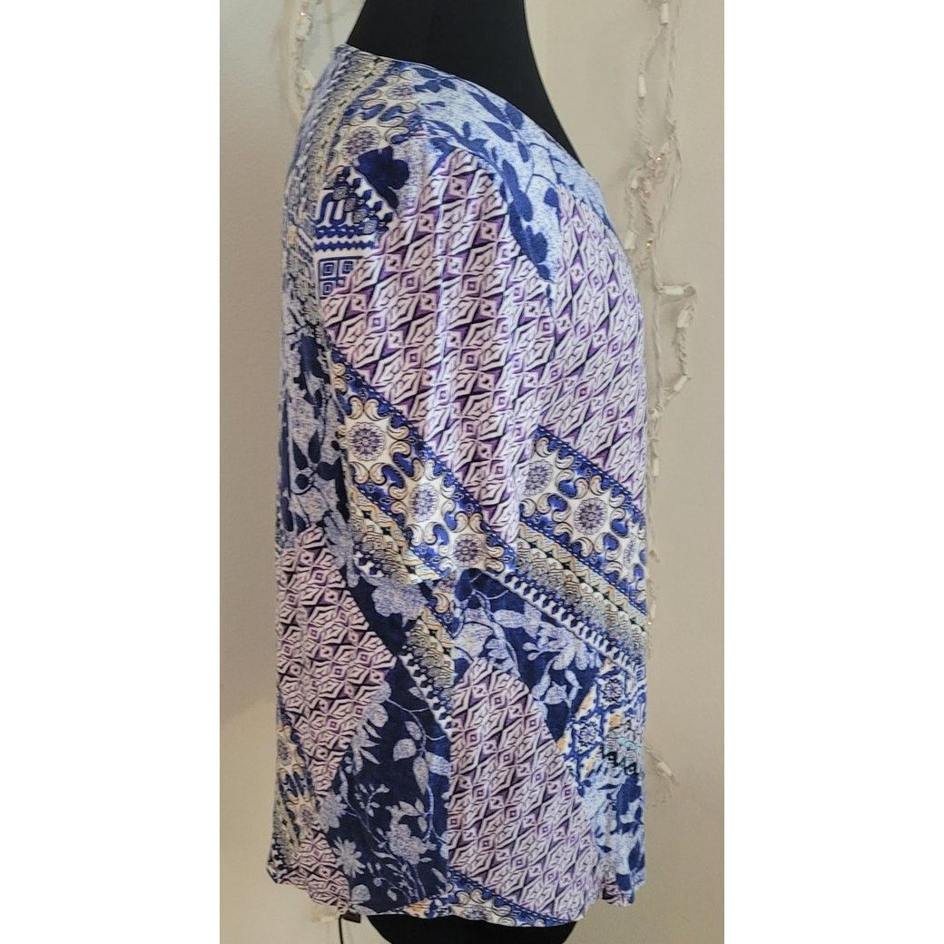 Chicos Chico’s Patchwork Print Short Sleeve Blouse Blue Size 2 L Size L / US 10 / IT 46 - 4 Thumbnail