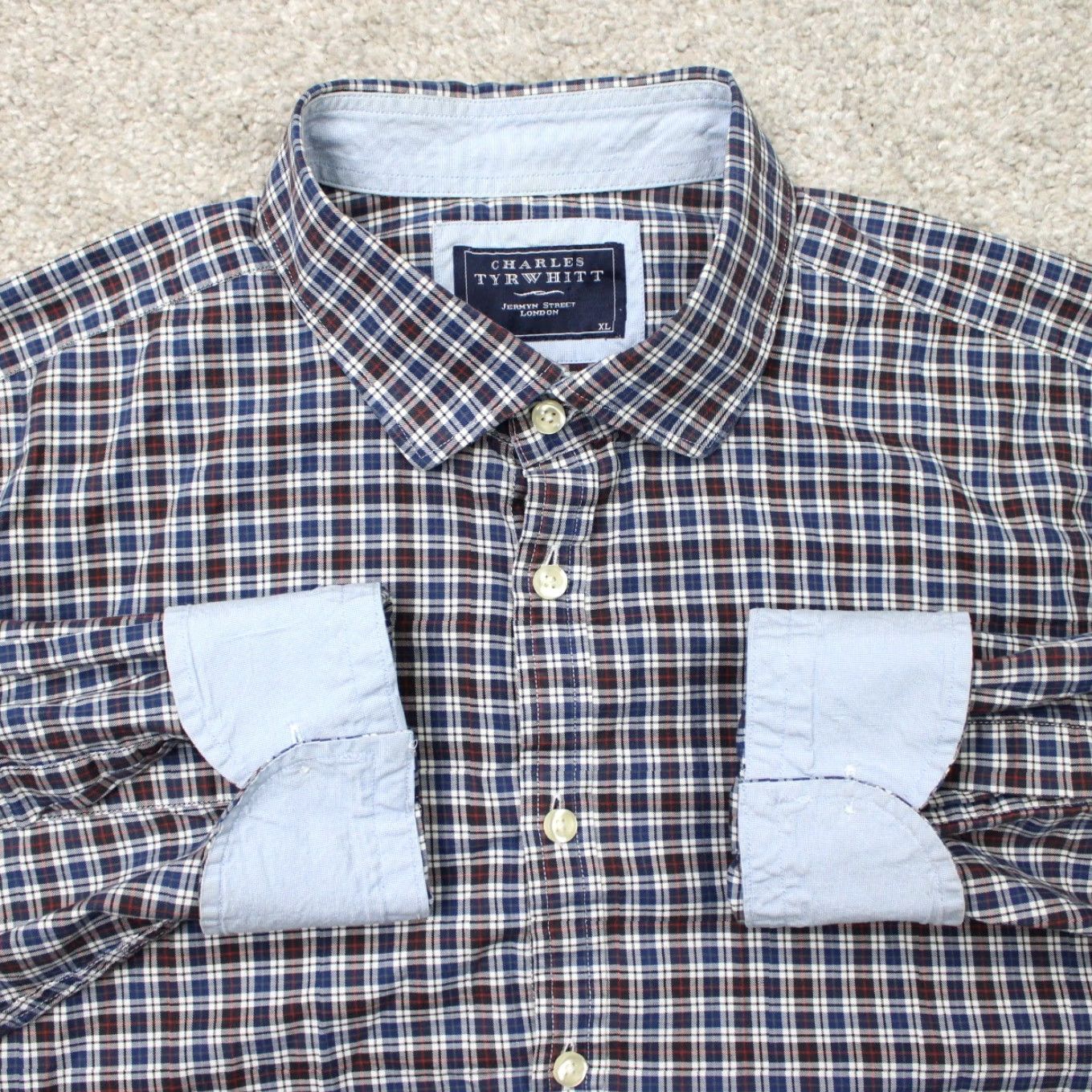 Charles Tyrwhitt Charles Tyrwhitt Shirt Mens XL Blue/Red Button-Up Long Sleeve 100% Cotton Check Size US XL / EU 56 / 4 - 2 Thumbnail