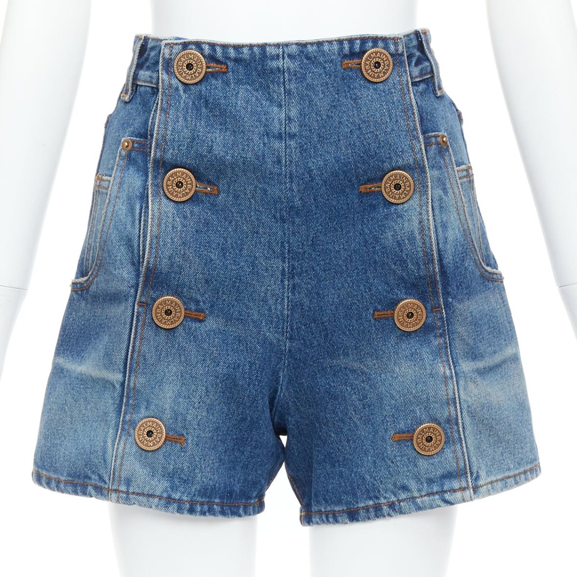 Balmain BALMAIN blue washed bronze coin button high waisted denim shorts FR36 S Size 27" / US 4 / IT 40 - 1 Thumbnail