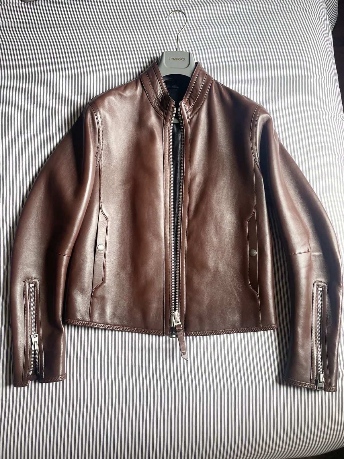 image of A Menswear Grail: $7290 Tom Ford Leather Racer Jacket in Brown, Men's (Size Large)