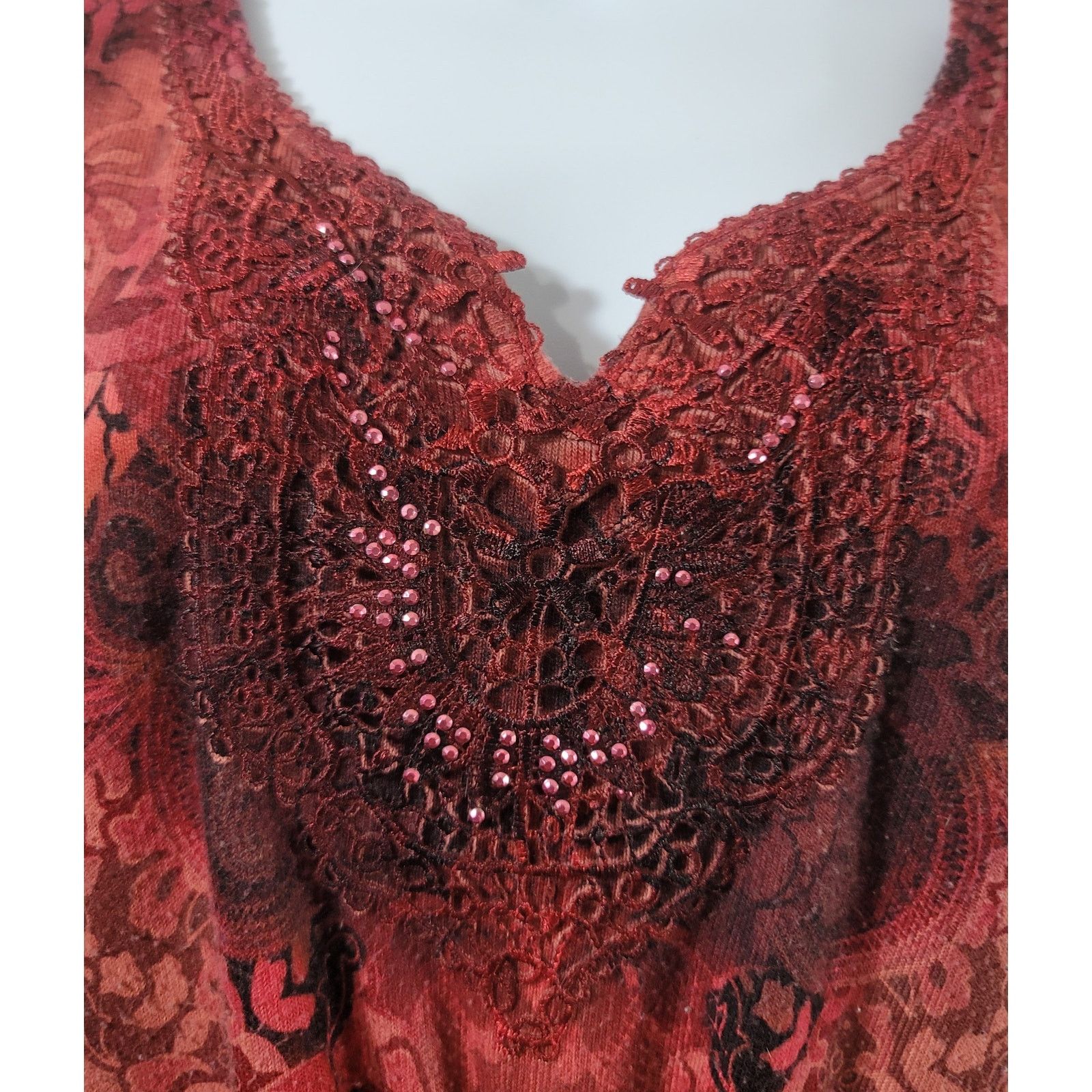 Other World Unity Red Burgundy Lace Bodice Rhinestone Top Large Size L / US 10 / IT 46 - 5 Thumbnail
