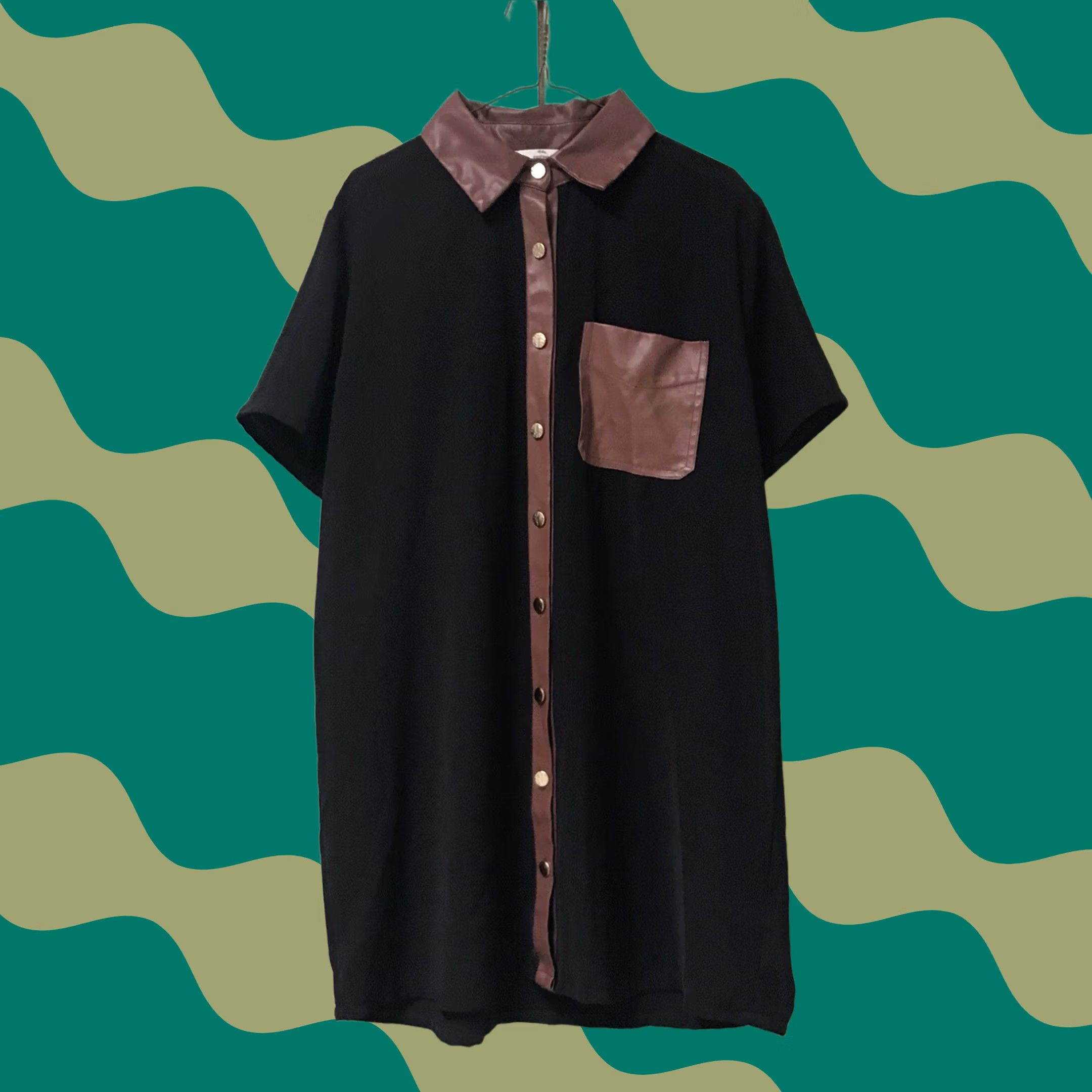Vintage Entro Women Black/Brown Faux Leather Trim Button-Up Short Sleeve Top Shirt L Size L / US 10 / IT 46 - 1 Thumbnail