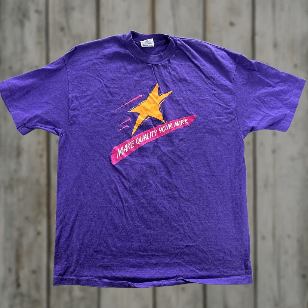 Hanes VINTAGE Hanes Shirt Mens XL Purple Make Quality Your Mark 90s Star Graphic Print Tan Size US XL / EU 56 / 4 - 1 Thumbnail