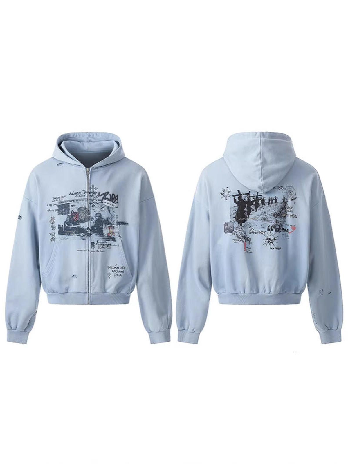 Other Ripped Print Washed Graphic Zip Hoodie | Baby Blue Size US M / EU 48-50 / 2 - 4 Thumbnail