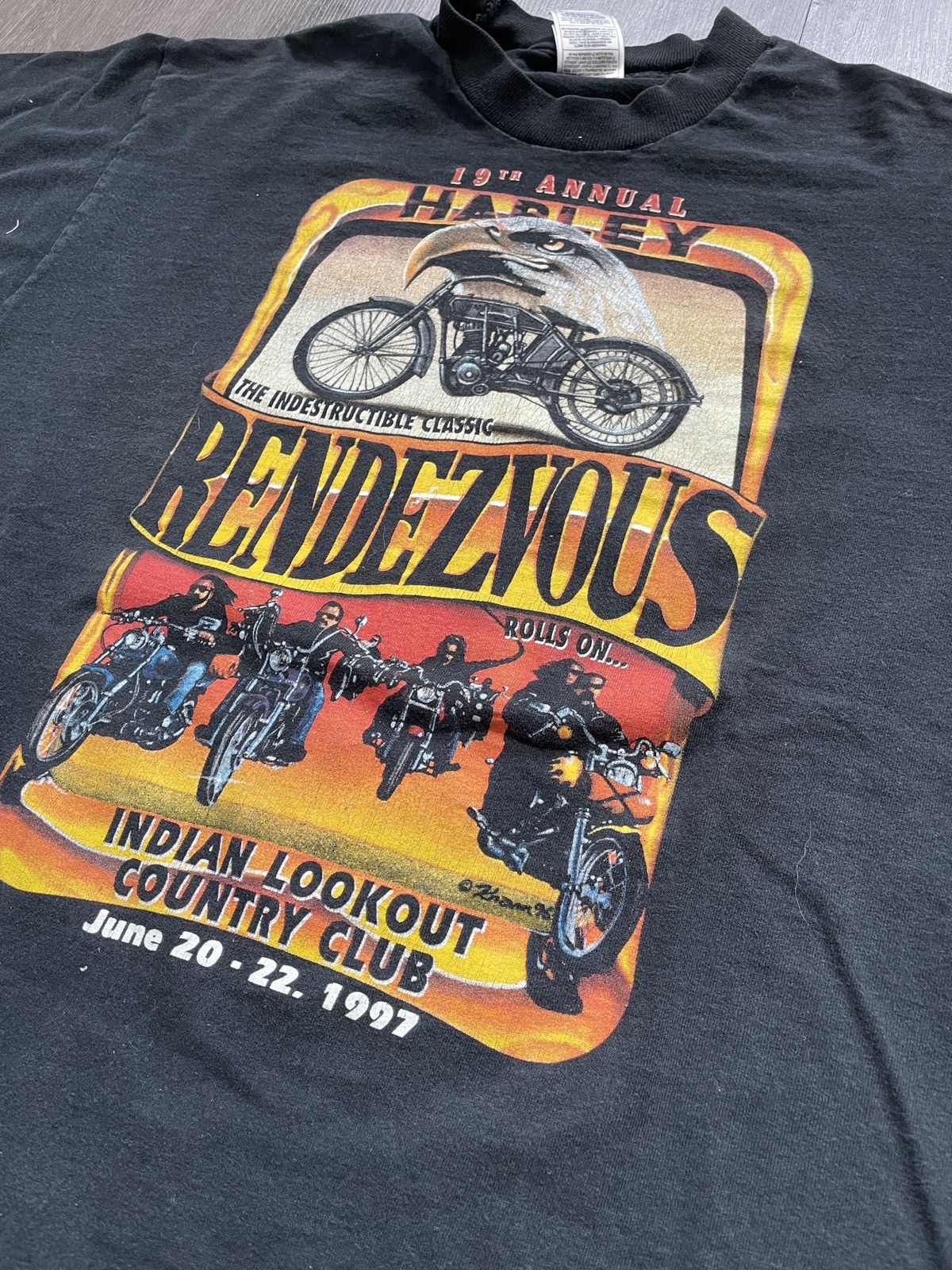 Harley Davidson Vintage “Harley Davidson Rendezvous” Biker T-shirt (Sz. L) Size US L / EU 52-54 / 3 - 2 Thumbnail