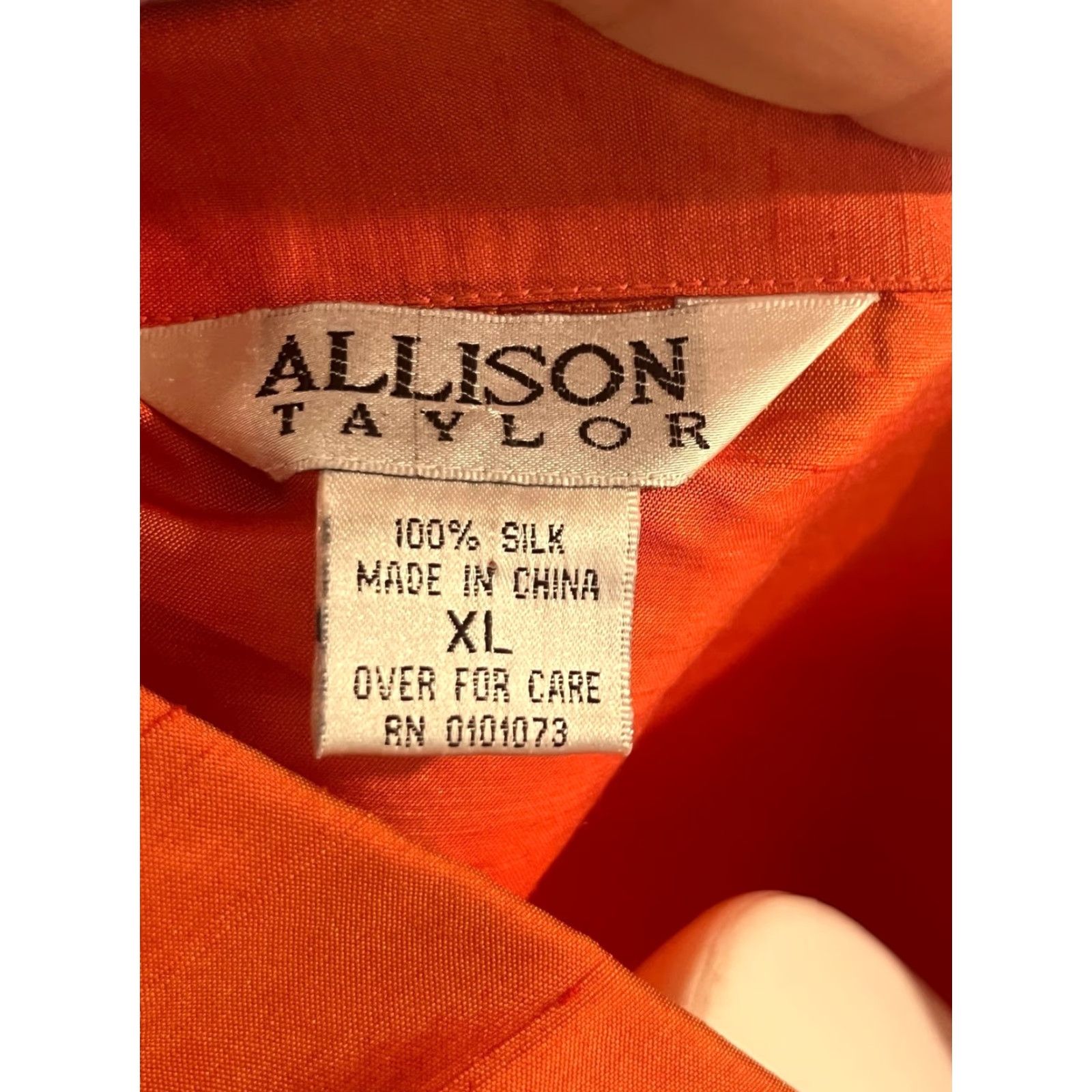 Vintage Allison Taylor Silk Blouse Orange Long Sleeve Button Up XL V-Neck Women's 100% Silk, Woven, Classic, Button, Collar, Dry Clean Only, EUC Size XL / US 12-14 / IT 48-50 - 7 Thumbnail