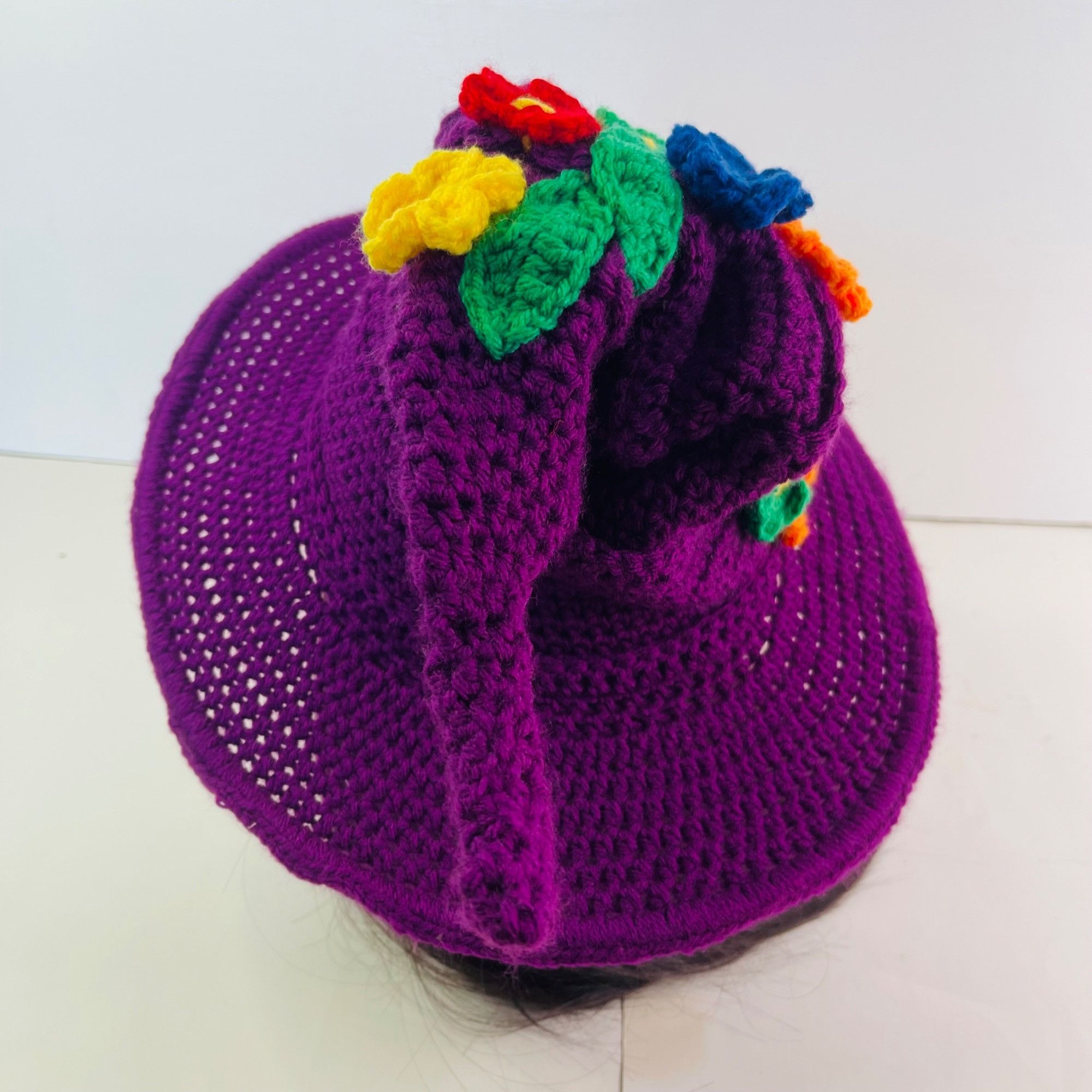 Handmade Crochet Witch Wizard Hat Purple w/ Red Orange Yellow Green B Size ONE SIZE - 5 Thumbnail