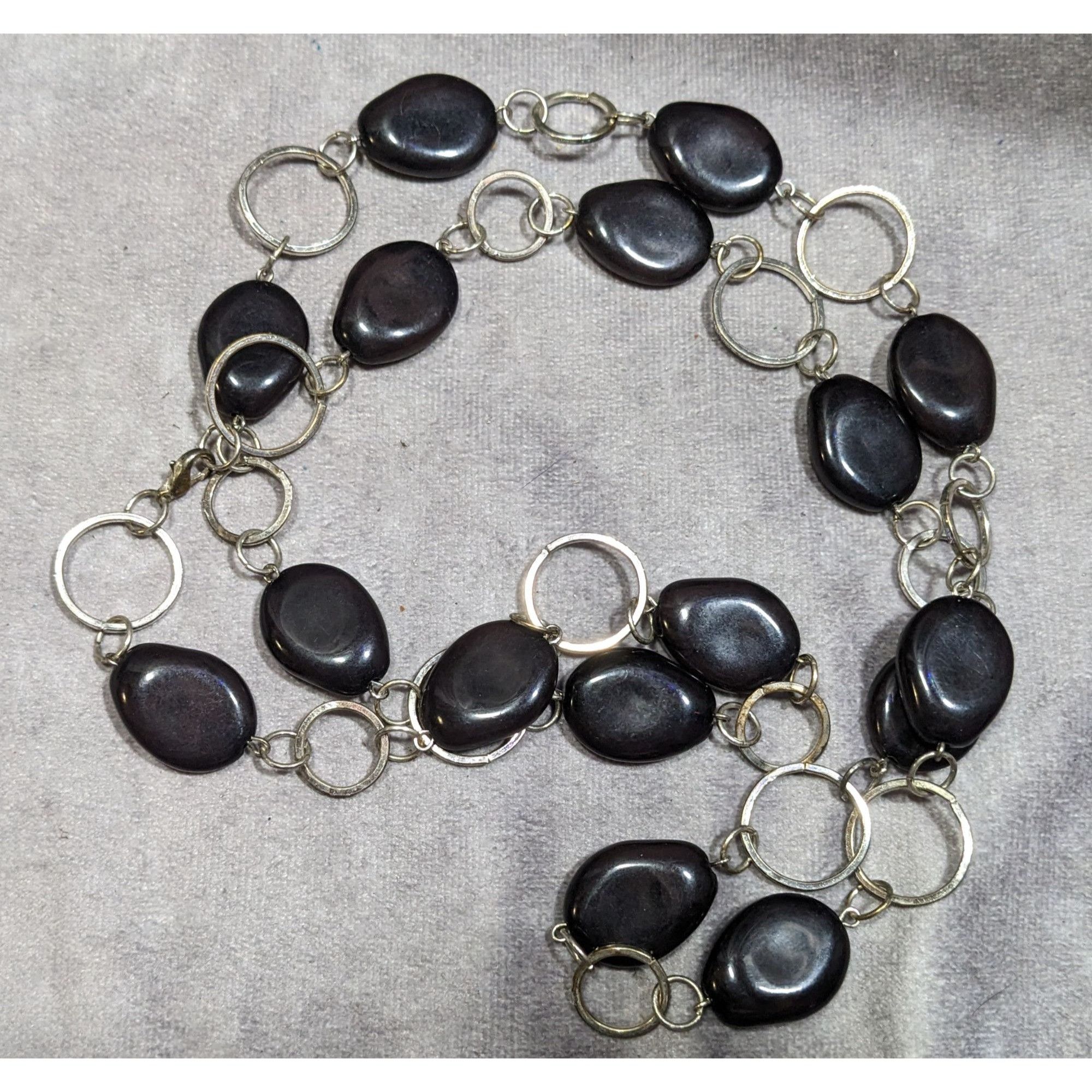 Other Black Beaded Silver Tone Ring Chain Opera Necklace Size ONE SIZE - 8 Thumbnail
