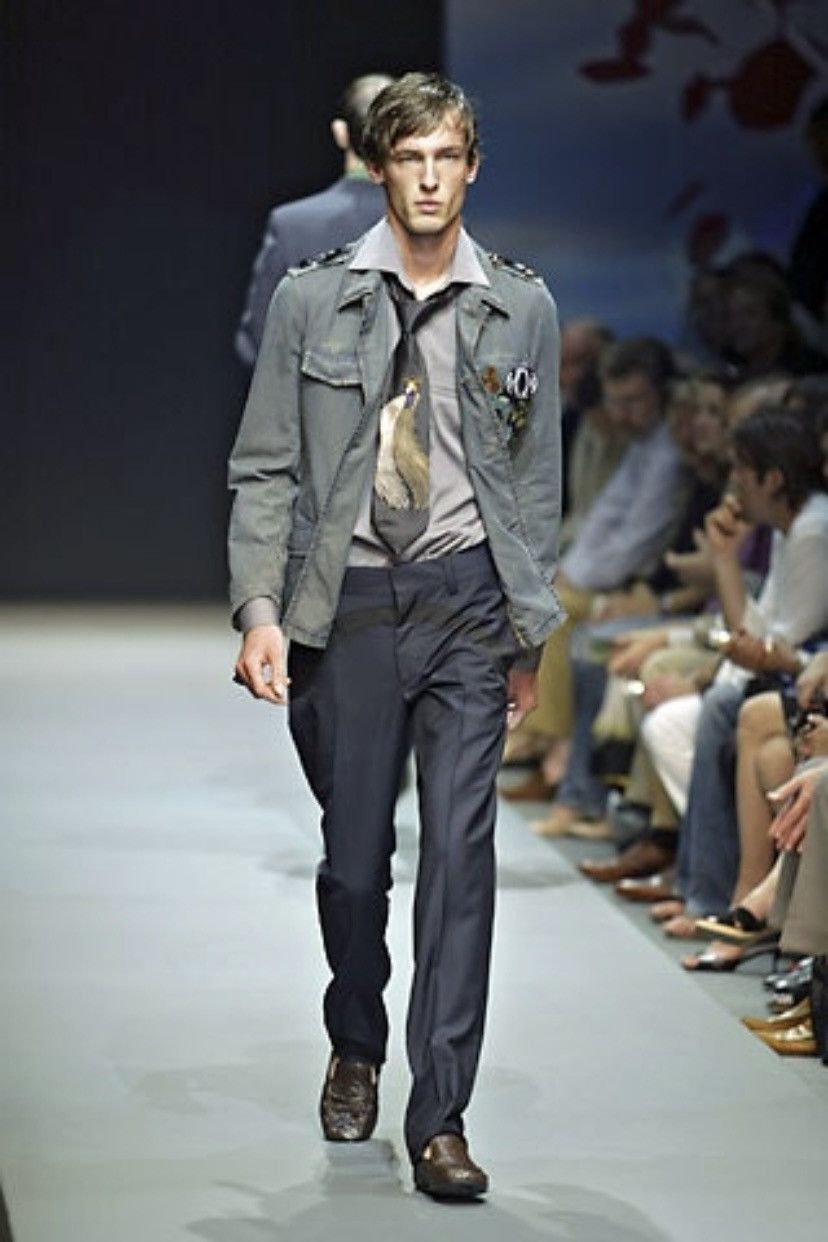 image of Prada Ss05 Runway Worn Denim Military Belted Back Jacket in Worn Blue, Men's (Size Small)