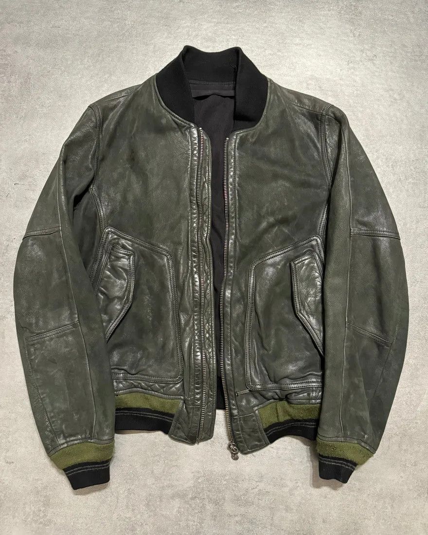 Designer × Diesel × Vintage 2000s Diesel Olive Biker Eroded Polished Leather Jacket Size US M / EU 48-50 / 2 - 7 Thumbnail