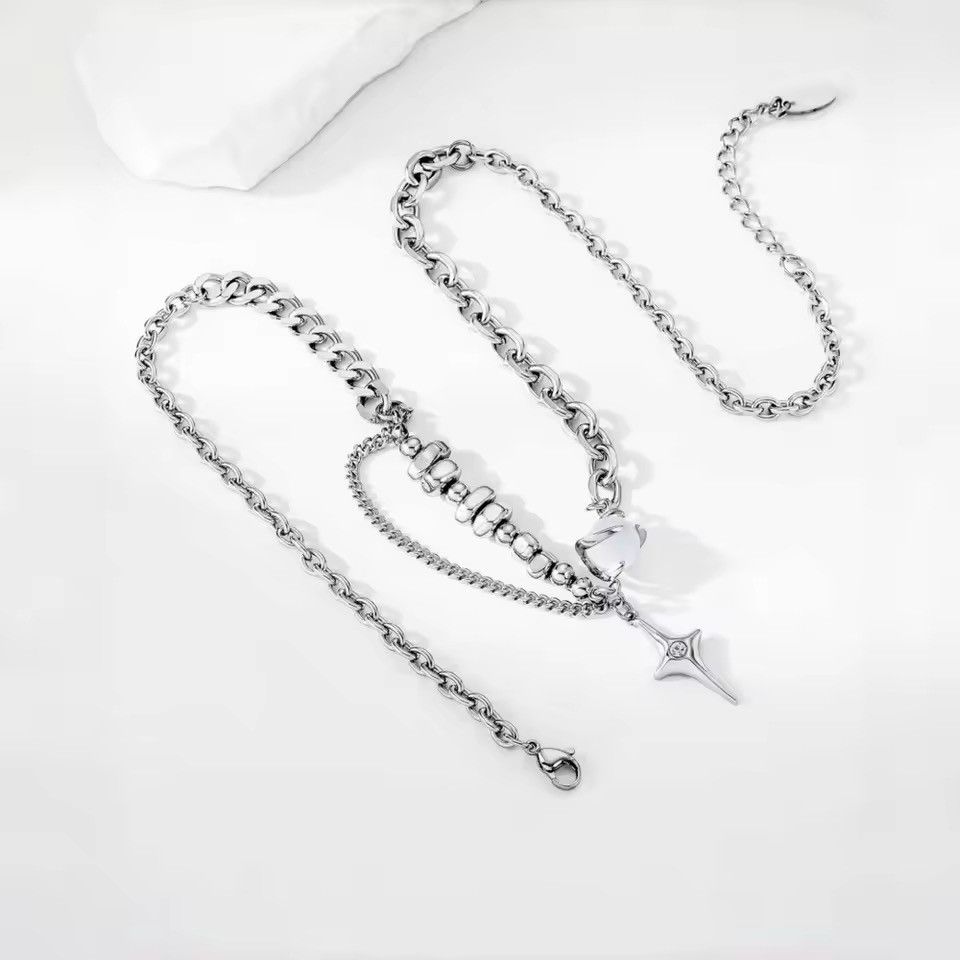 Japanese Brand Layered Star Cross Necklace Silver Chain Bead Goth Eboy Size ONE SIZE - 7 Thumbnail