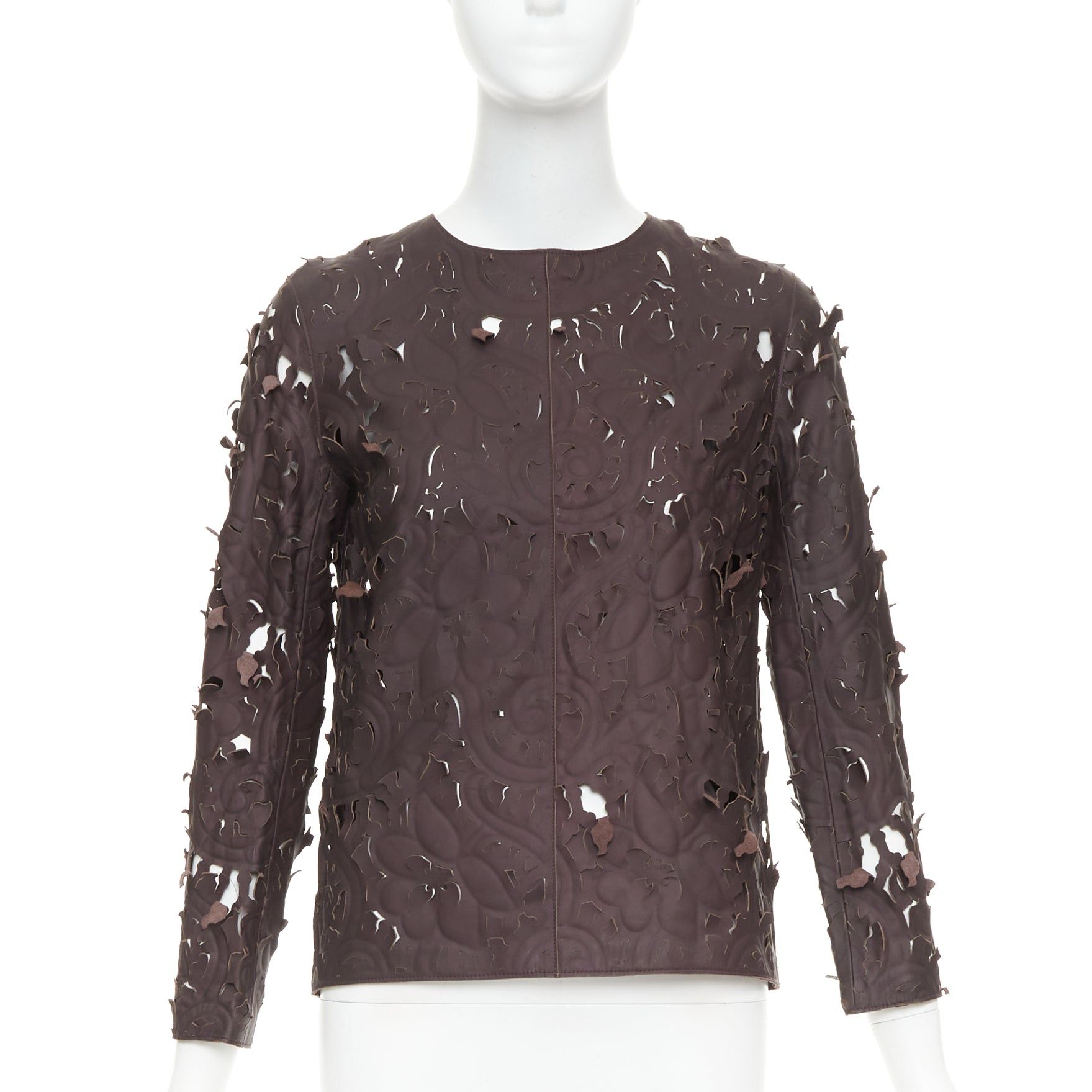 Carven rare CARVEN Cassis brown laser cut lambskin leather floral top FR36 Size S / US 4 / IT 40 - 1 Thumbnail