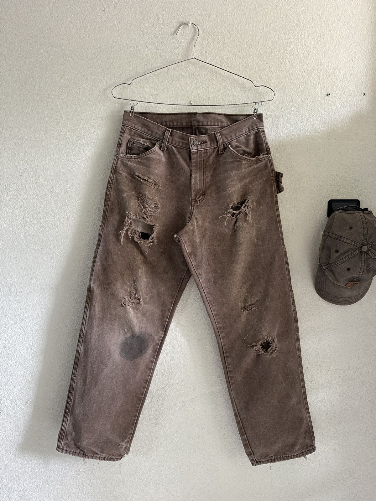 Dickies (31x30) Trashed Dickies Carpenter Pants Dark Brown Size US 31 - 3 Thumbnail