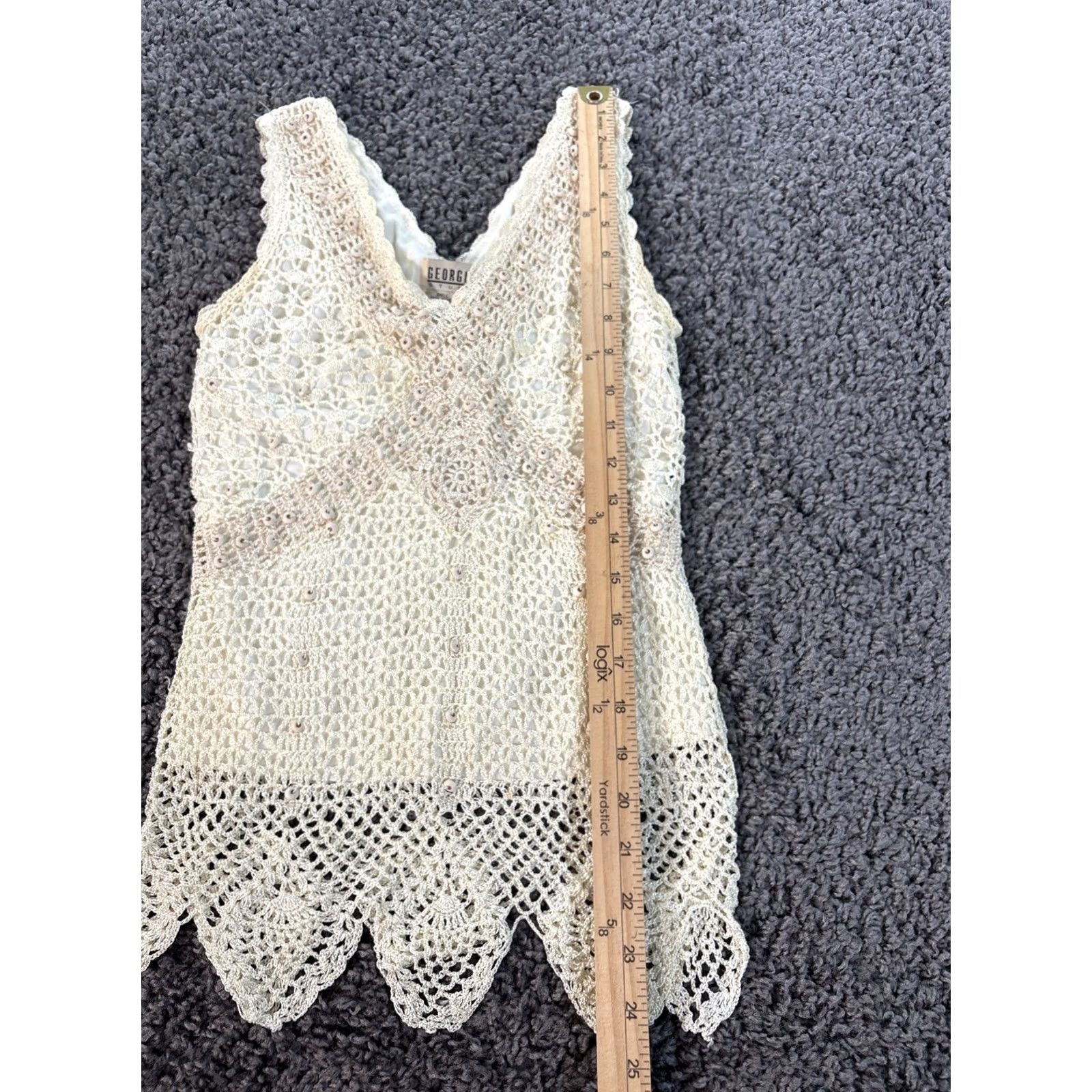 Vintage VINTAGE Georgiou Camisole Top Womens M White Open Knit Beaded Fish Net Fairy Tank Sleeveless V-Neck 90s inspired Size M / US 6-8 / IT 42-44 - 2 Thumbnail