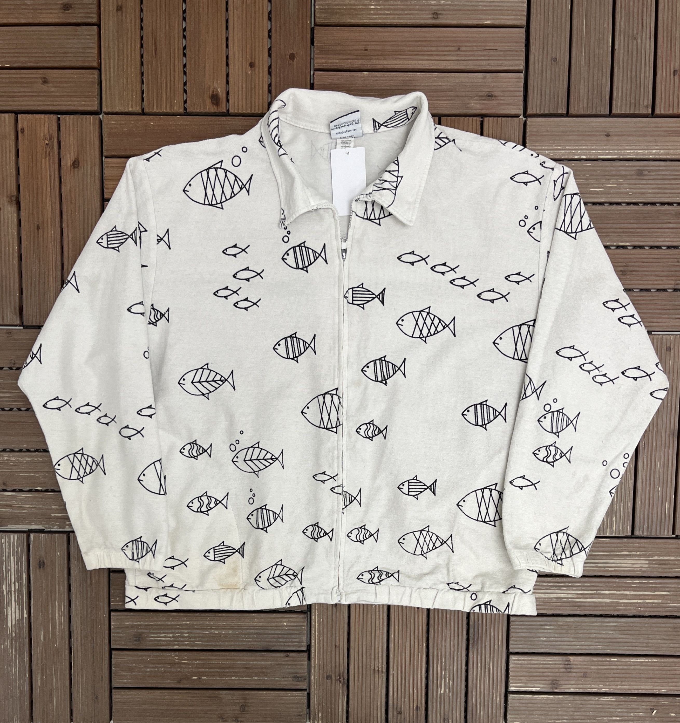 Vintage Fish All Over Vintage White Zip Up Sweater