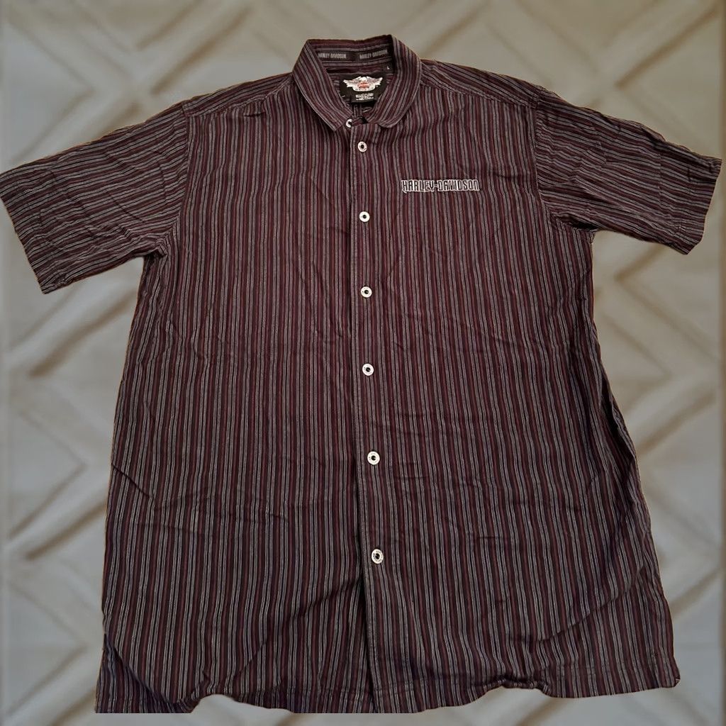 Harley Davidson Harley-Davidson Shirt Striped Short Sleeve Button-Up Embroidered L Mens Black Blocked by Harley-Davidson Theme: Motorcycle Size US L / EU 52-54 / 3 - 1 Thumbnail