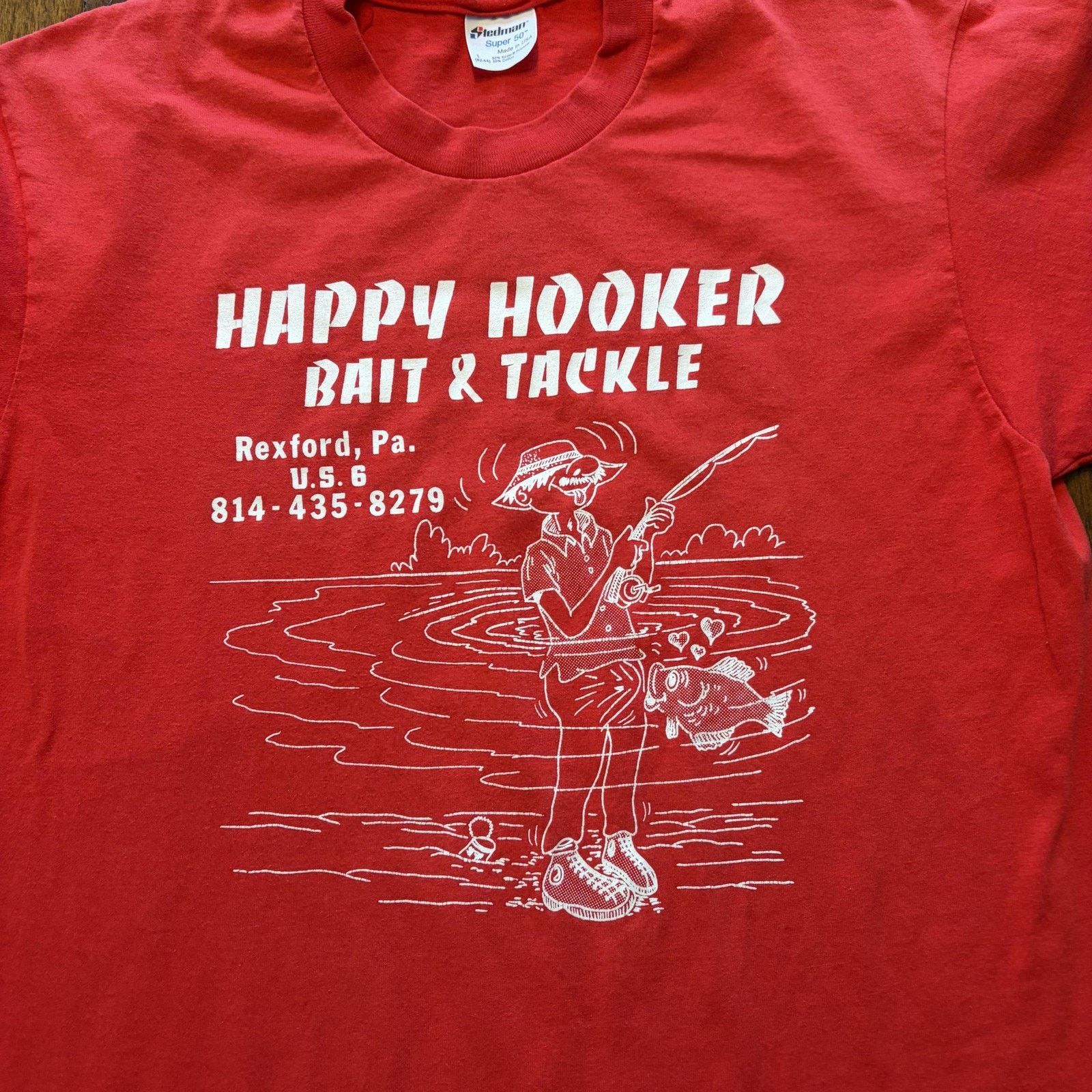 Vintage Vtg Stedman Happy Hooker Bait & Tackle Shirt L Red Fishing Size US L / EU 52-54 / 3 - 3 Thumbnail