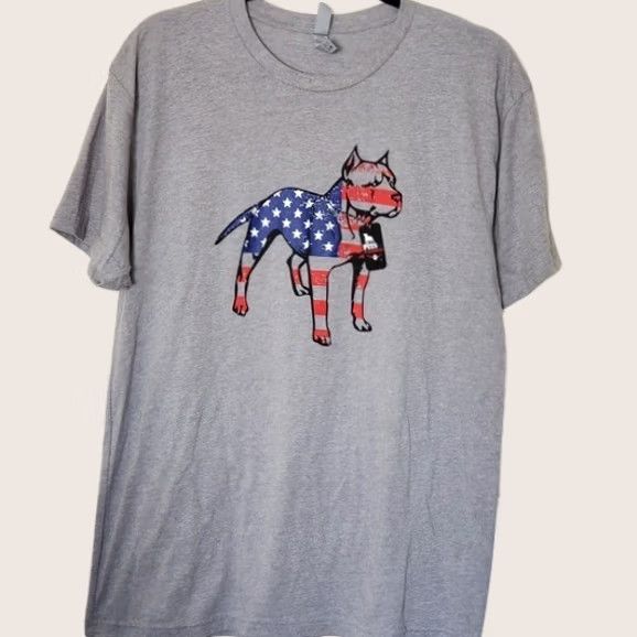 Next Level Mens Large Gray T-Shirt Pits For Patriots Pit Bull American Flag, Men's