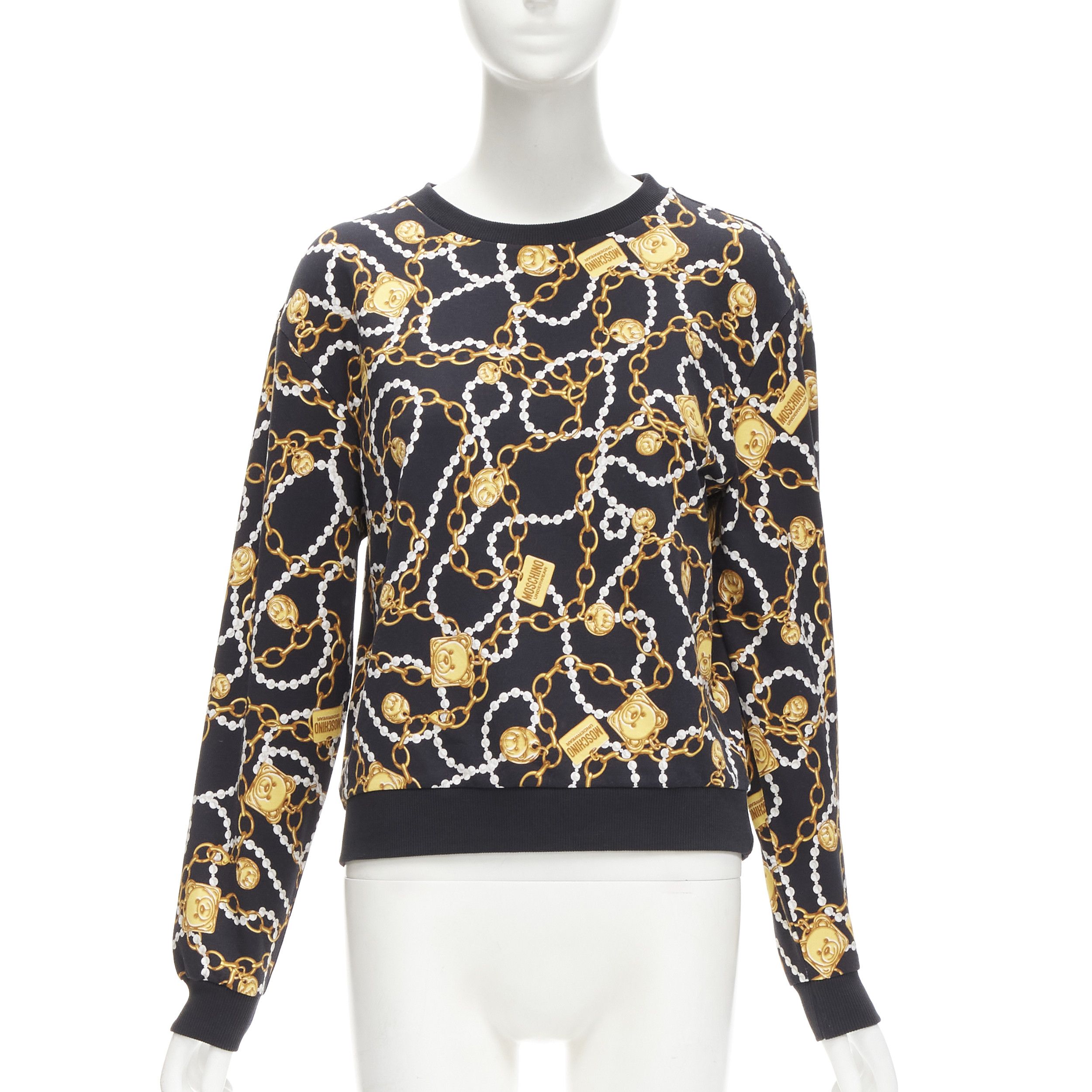 MOSCHINO UNDERWEAR black gold teddy bear chain pearl print sweatshirt S