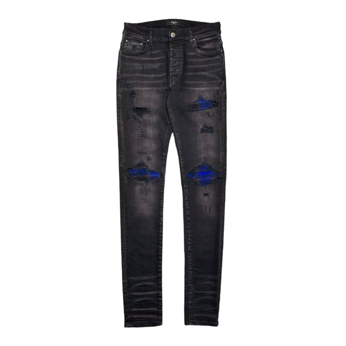 image of Amiri Mx1 Blue Plaid Patch Jeans Aged Black, Men's (Size 31)