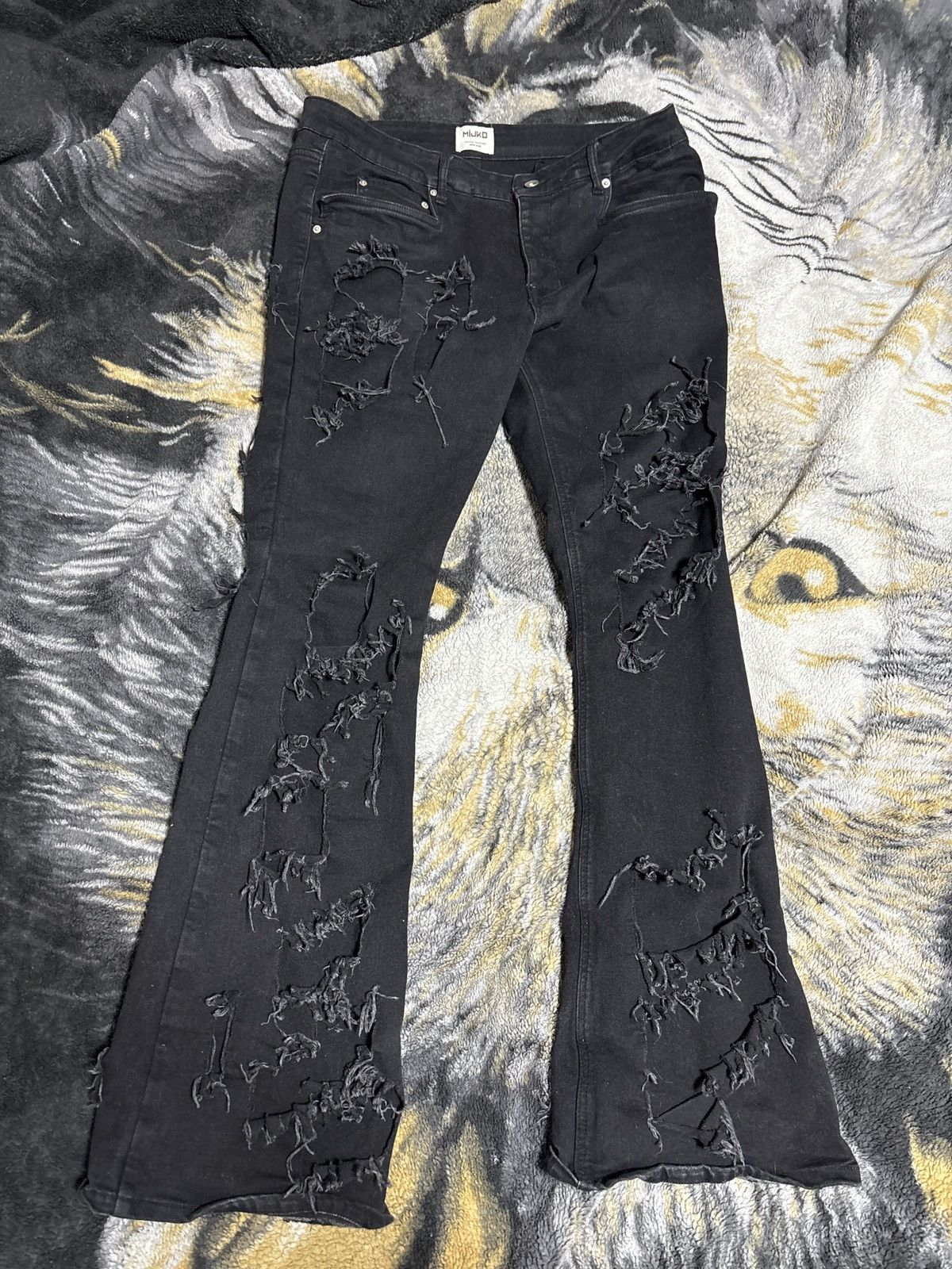 Japanese Brand black ripped flare jeans Size US 34 / EU 50 - 1 Thumbnail