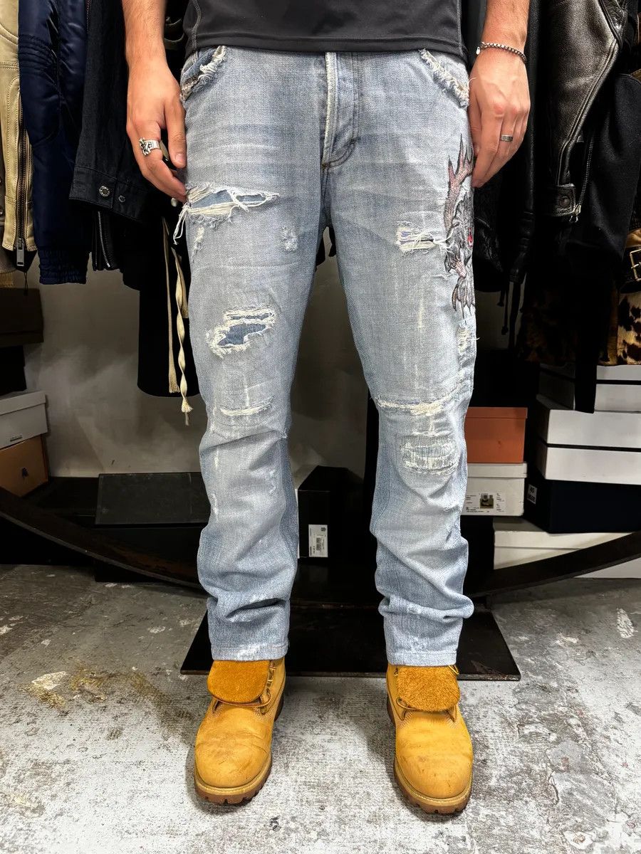 Just Cavalli SS2007 Cavalli Blue Distressed Tiger Denim Jeans Size US 32 / EU 48 - 3 Thumbnail