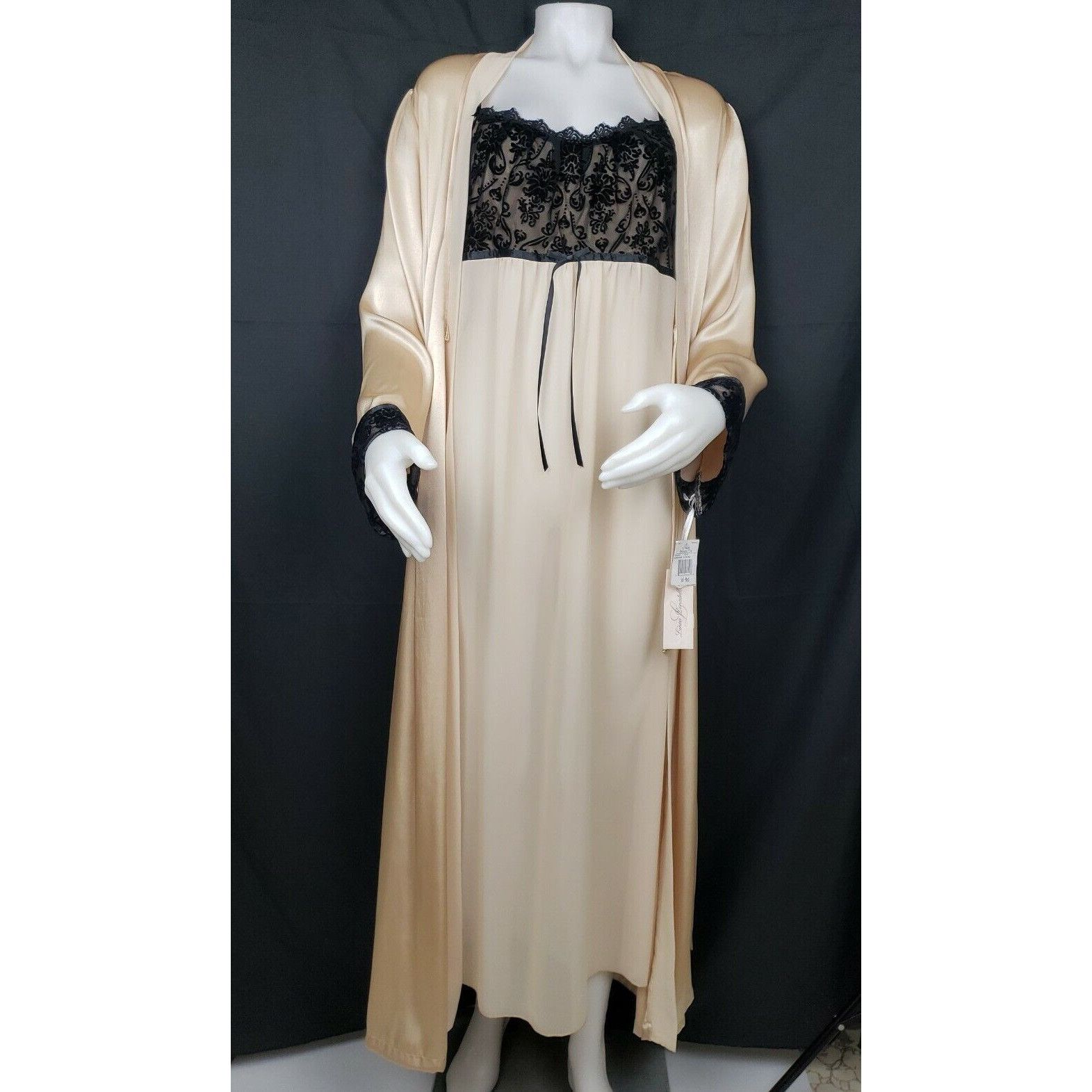Vintage Champagne Satin Peignoir Set S/M Long Sheer Nightgown Gown V Size ONE SIZE - 1 Thumbnail