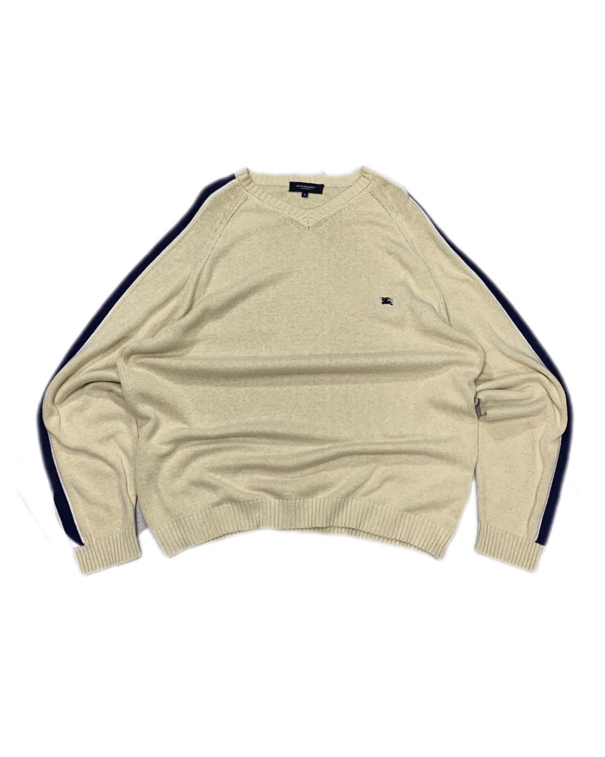 Burberry Y2k Vintage 00s Burberry beige / navy striped V-neck sweater Size US XL / EU 56 / 4 - 1 Thumbnail