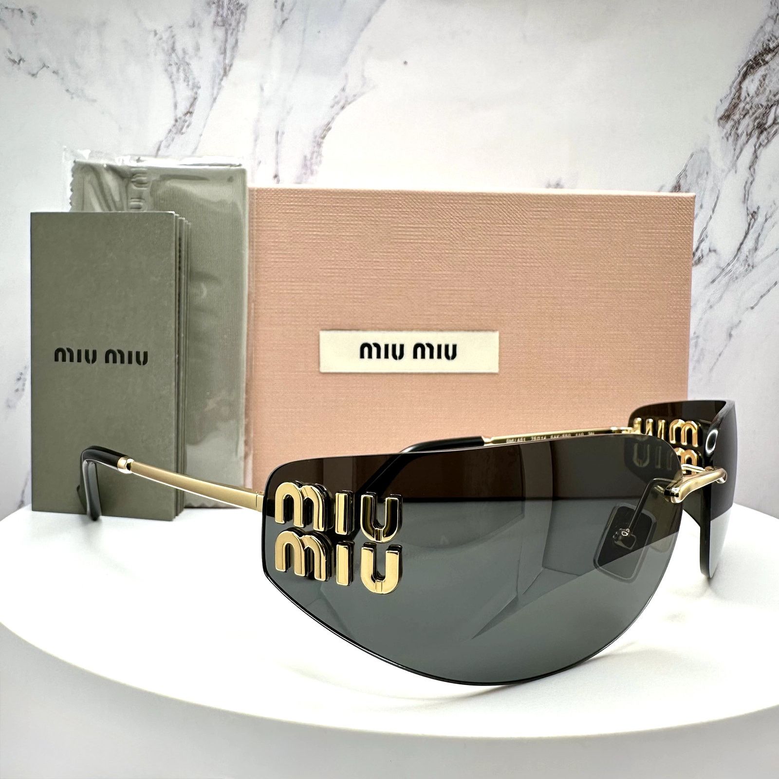 Miu Miu New MIU MIU Sunglasses Gold Dark Gray Lens Runway Wrap Size ONE SIZE - 10 Thumbnail