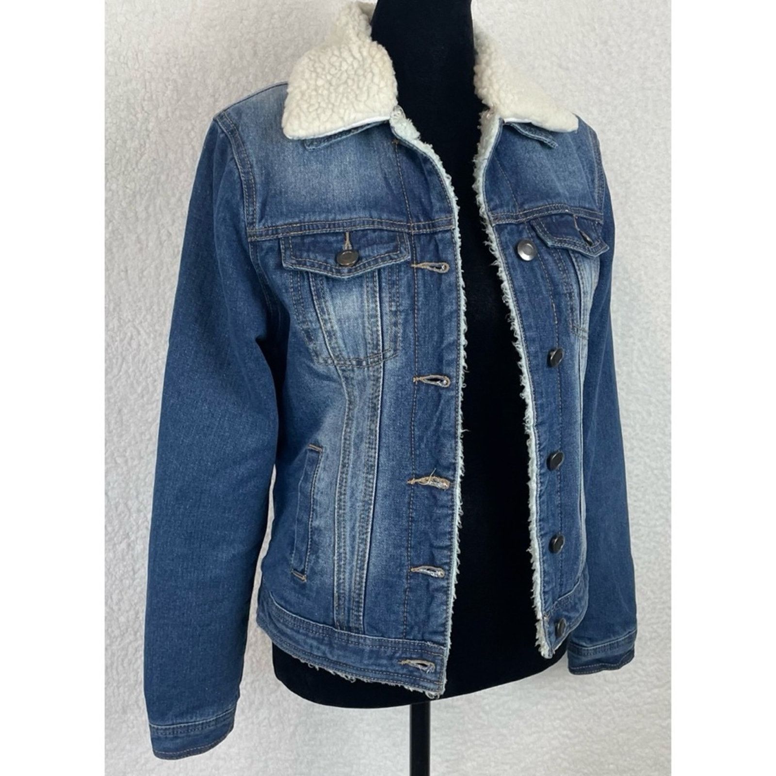 Boohoo BOOHOO • Blue/White Denim Sherpa-Lined Collared Jacket Size XS / US 0-2 / IT 36-38 - 11 Thumbnail