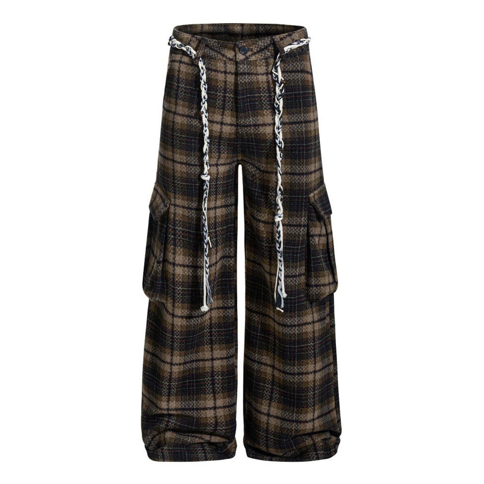 Japanese Brand Brown Plaid Wide Leg Cargo Sweatpants, Relaxed Fit Trousers Size US 30 / EU 46 - 5 Thumbnail