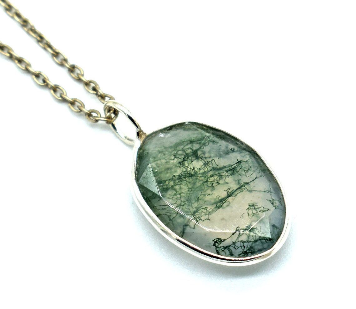 Handmade Sterling Silver Moss Agate Pendant Necklace - 18 Inch Size ONE SIZE - 1 Thumbnail