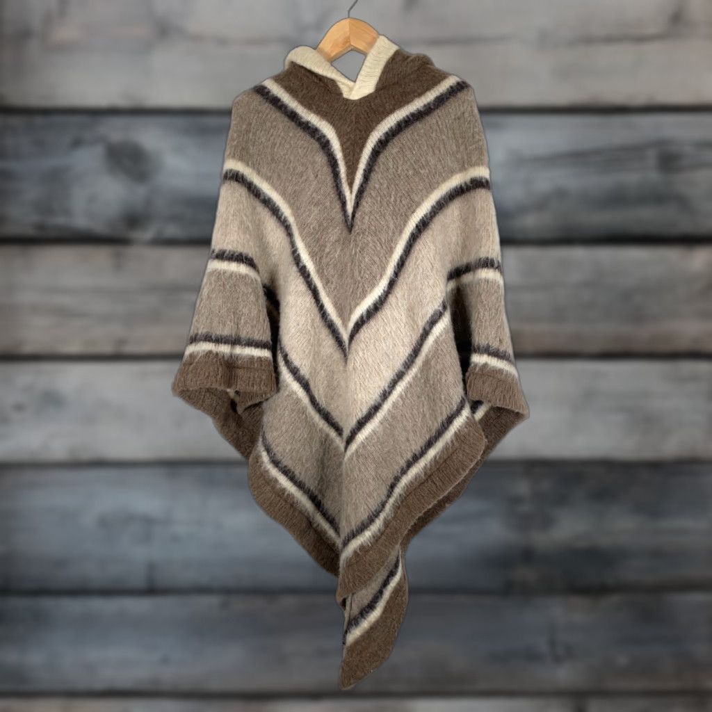 Vintage VINTAGE Hilda Ltd. Poncho Women's One Size Brown Beige Stripe Iceland Made 60s Size ONE SIZE - 1 Thumbnail