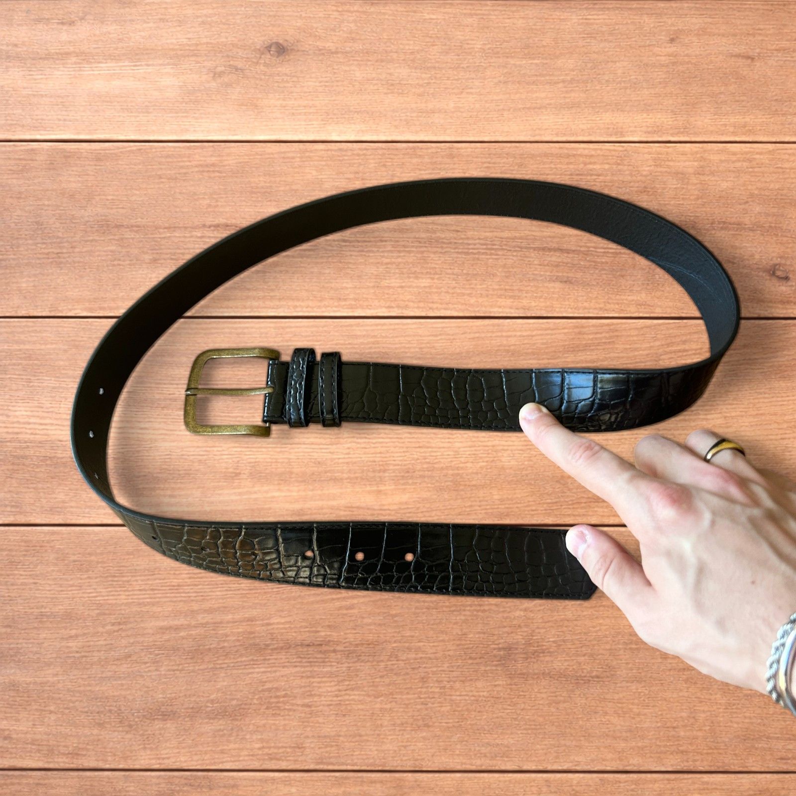 Japanese Brand Faux leather snakeskin cowboy belt in black with brass trim. Size ONE SIZE - 1 Thumbnail