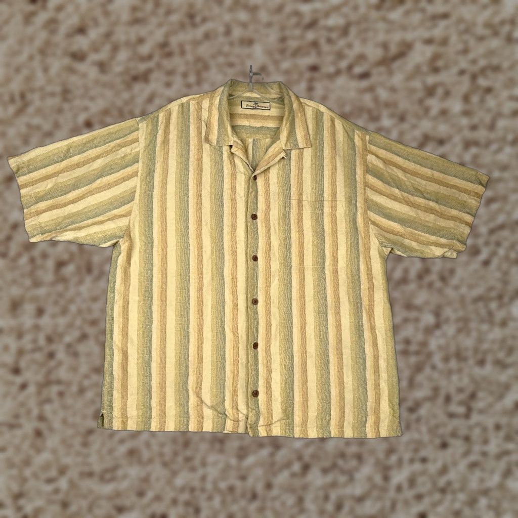 Tommy Bahama Tommy Bahama Shirt Men XL Yellow Stripe 100% Silk Button Up Hawaiian Shirt Mens Regular Slim Beach Holiday 80s 90s Designer Silk Stripe Size US XL / EU 56 / 4 - 1 Thumbnail