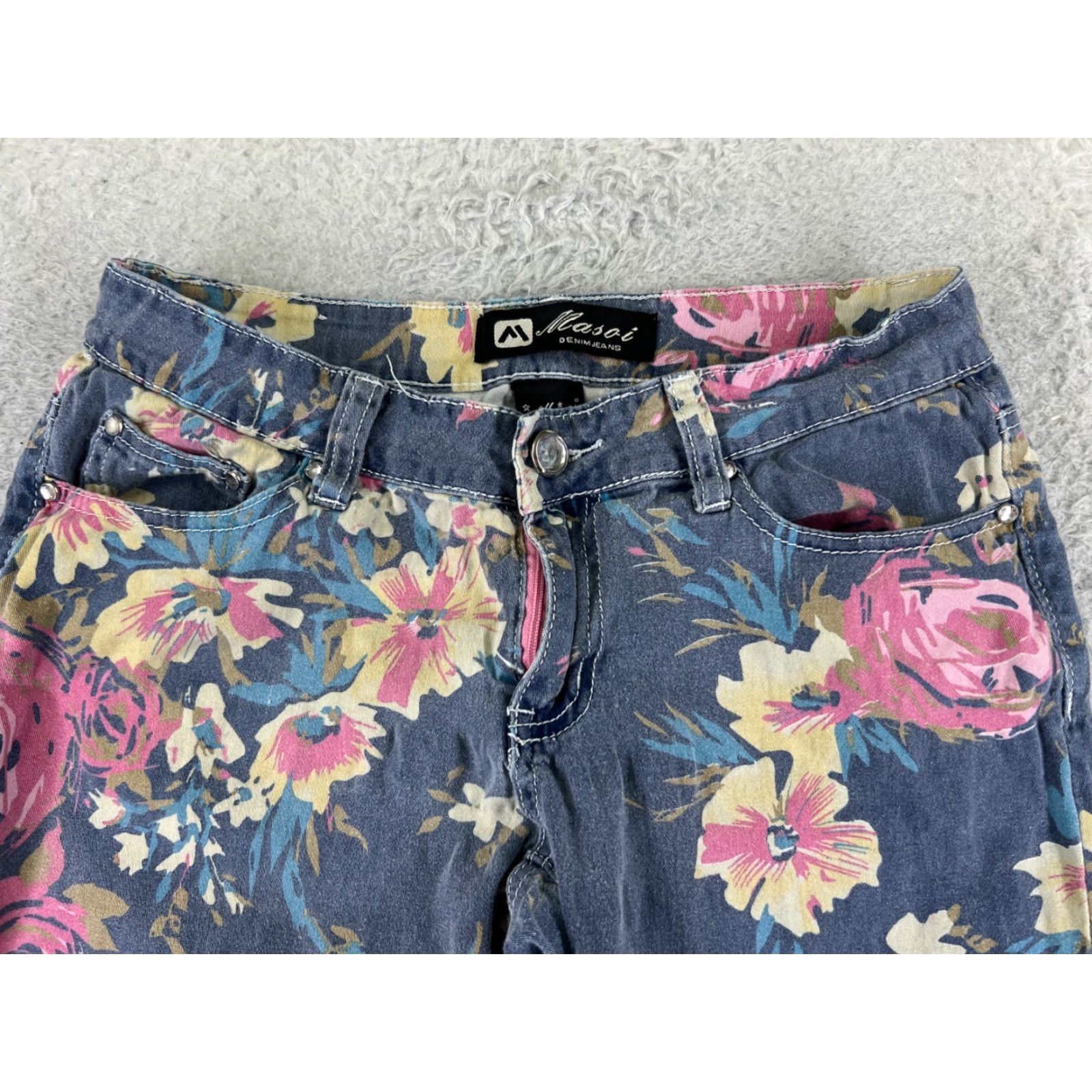 Denime Masoi Jeans Womens 7 Blue Denim Floral Straight Low Rise 25x27 5-Pocket Design Zip 27 Inseam Regular Stretch Vintage No Mens Womens (adjusted end) Size 28" / US 6 / IT 42 - 4 Thumbnail