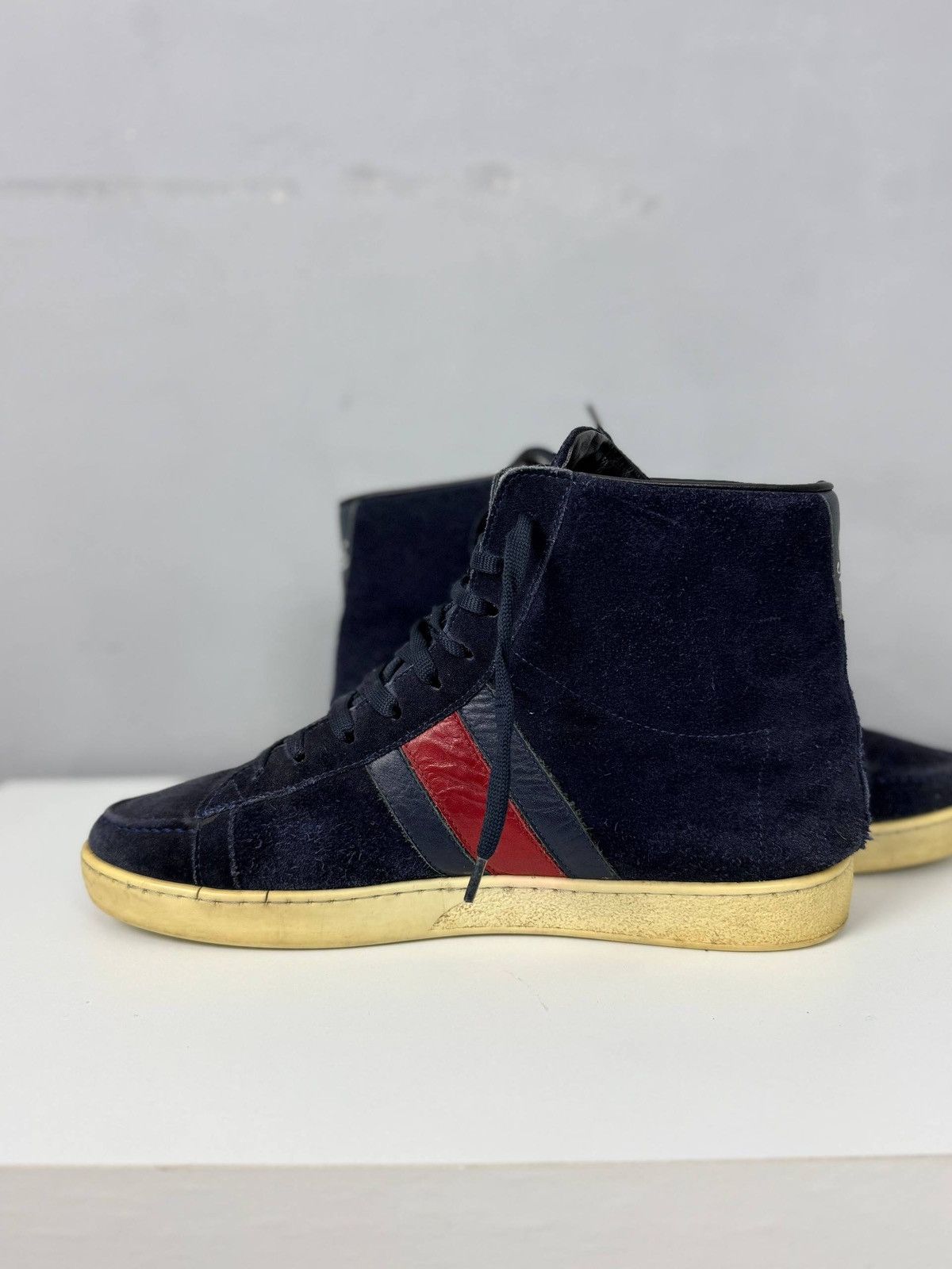 Gucci Gucci Navy Blue Suede Web High Top Sneakers Size US 8 / EU 41 - 6 Thumbnail