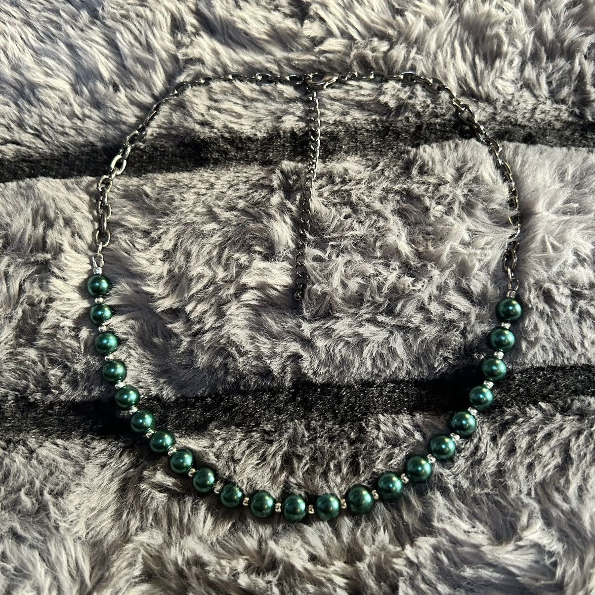 Handmade Handcrafted chrome chain peacock blue pearl necklace Size ONE SIZE - 7 Thumbnail
