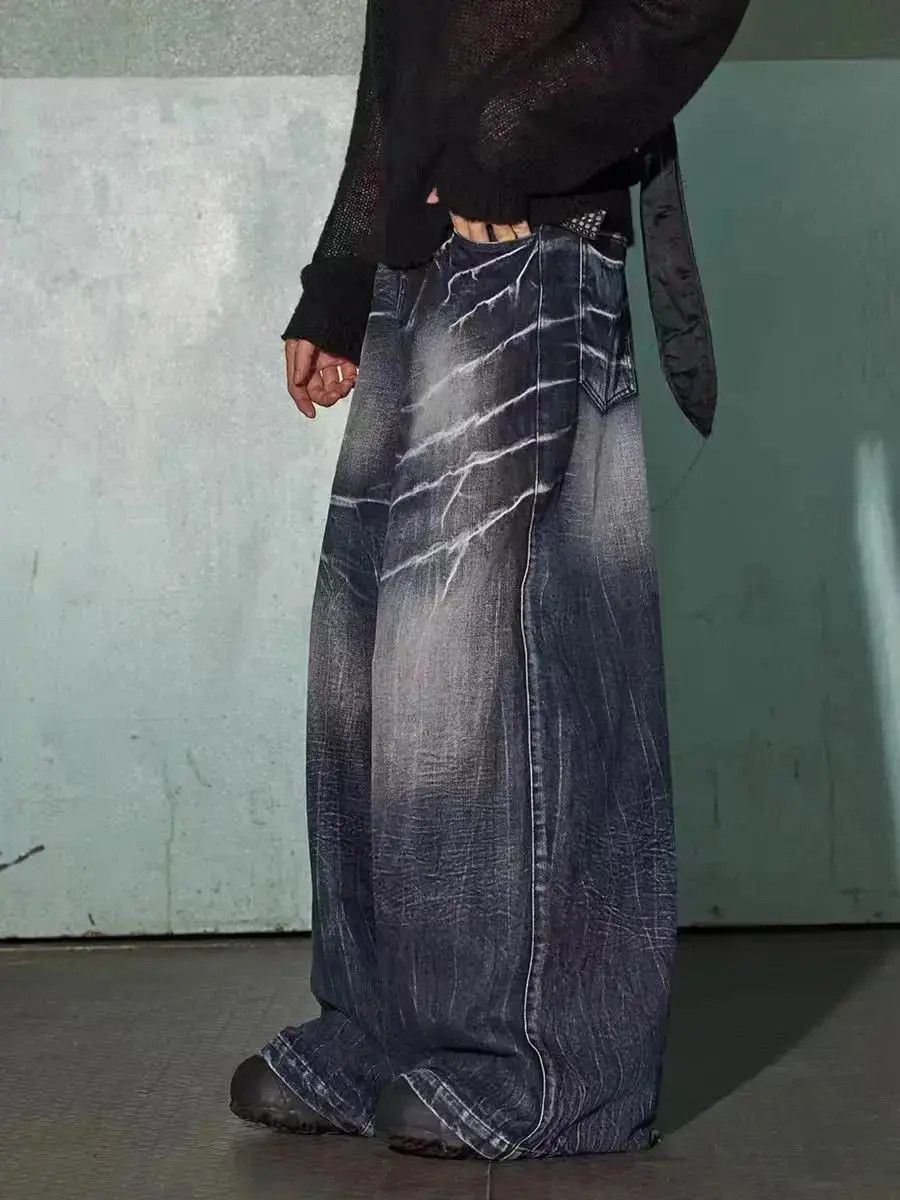 Japanese Brand Vintage washed distressed lightning texture baggy jeans Size US 30 / EU 46 - 4 Thumbnail
