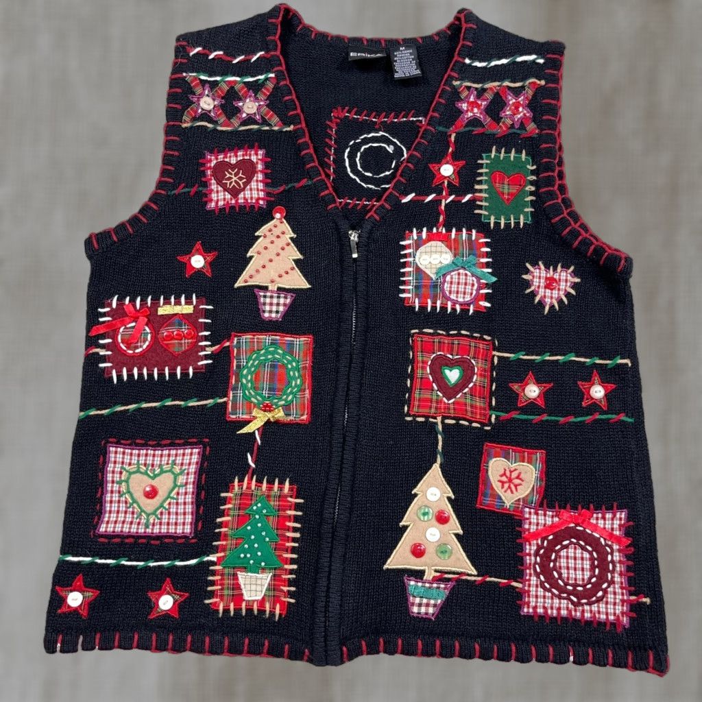 Vintage VINTAGE Erika Christmas Vest Women M Black Knit Full Zip Geometric 90s Holiday Ugly Sweater Grandma Tree Y2K Ladies Size M / US 6-8 / IT 42-44 - 1 Thumbnail